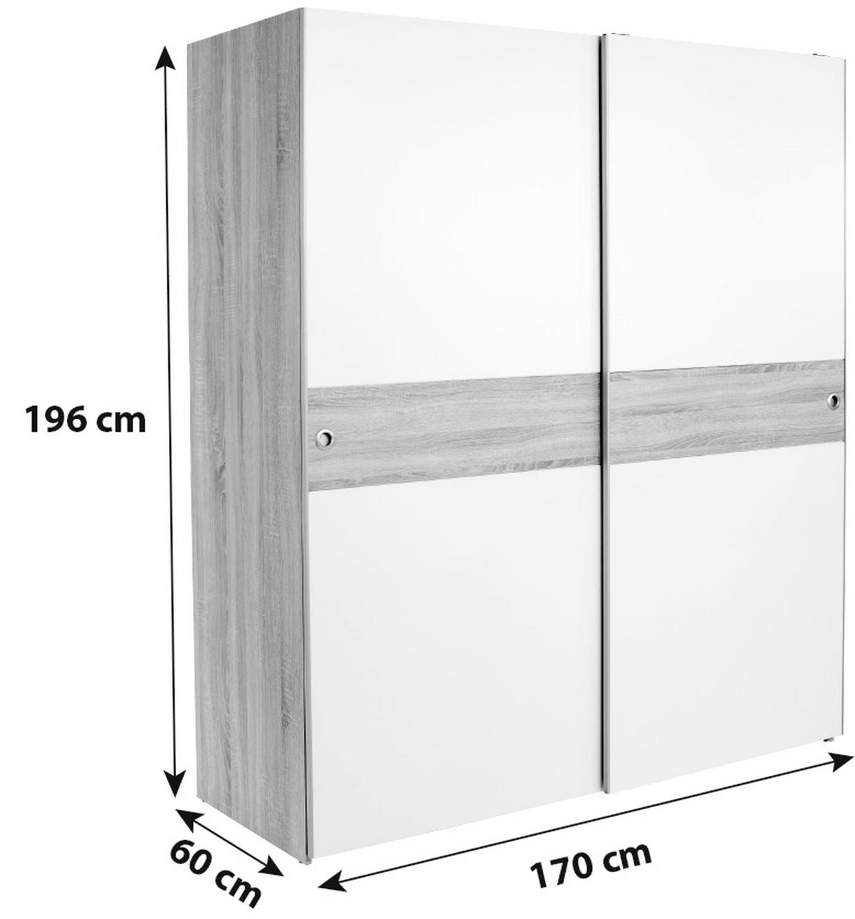 OMARA Z DRSNIMI VRATI, hrast sonoma, bela  - bela/barve aluminija, Konvencionalno, umetna masa/leseni material (170/196/60cm) - MID.YOU