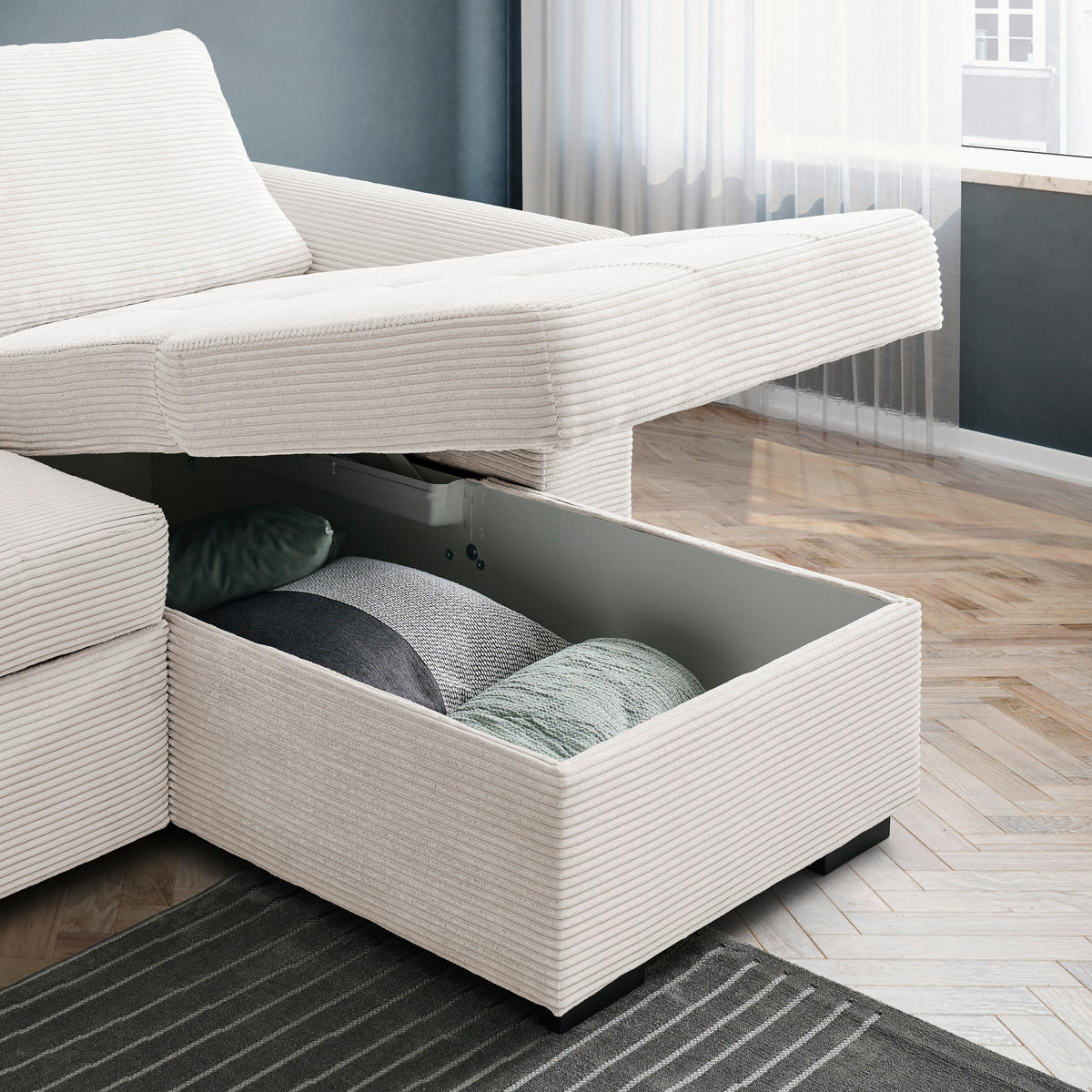 ECKSOFA Creme Cord, Velours  - Creme/Schwarz, Design, Kunststoff/Textil (155/243cm) - Xora