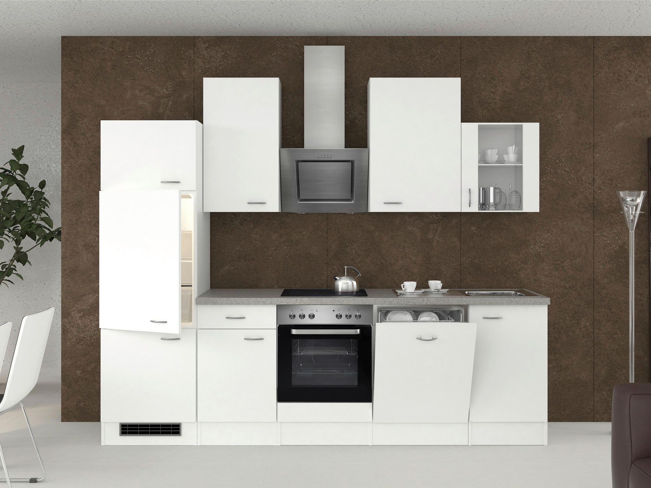 KÜCHENBLOCK 280 cm in Weiß - Edelstahlfarben/Hellgrau, MODERN, Glas/Holzwerkstoff (280cm) - FlexWell