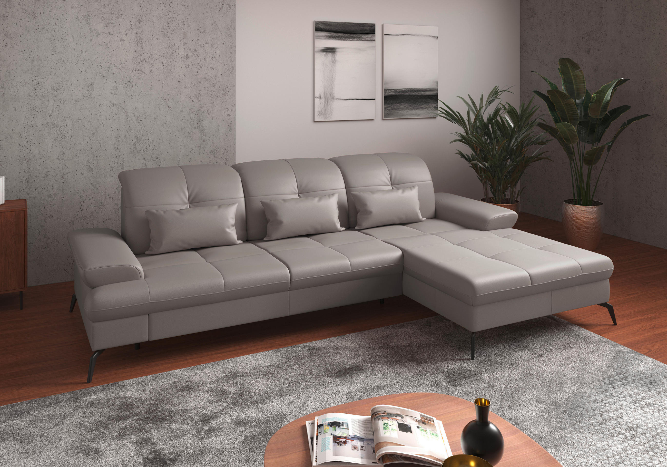 ECKSOFA in Echtleder Hellgrau - Hellgrau/Schwarz, Konventionell, Leder/Metall (279/185cm) - Sit & More