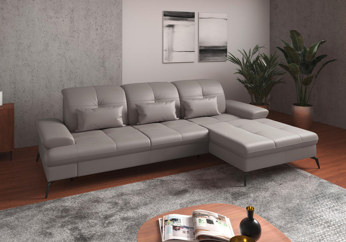 ECKSOFA Hellgrau Echtleder  - Hellgrau/Schwarz, KONVENTIONELL, Leder/Metall (279/185cm) - Sit & More