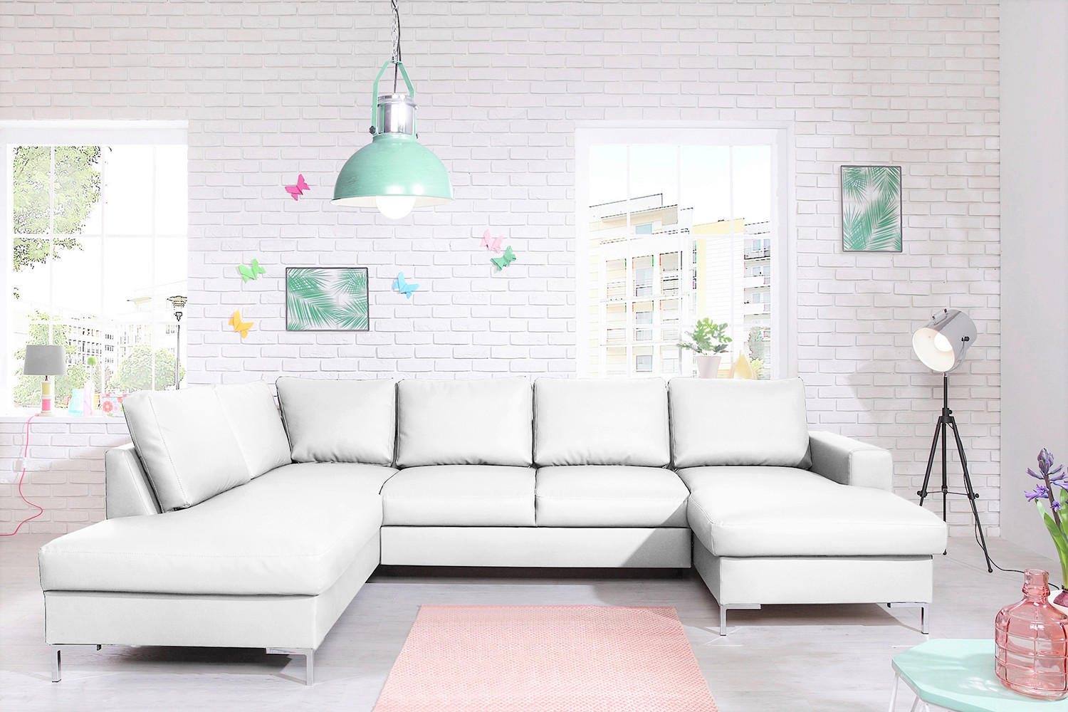 SOFFA i läderimitation vit  - vit/silver, Design, metall/läder (197/303/148cm) - MID.YOU
