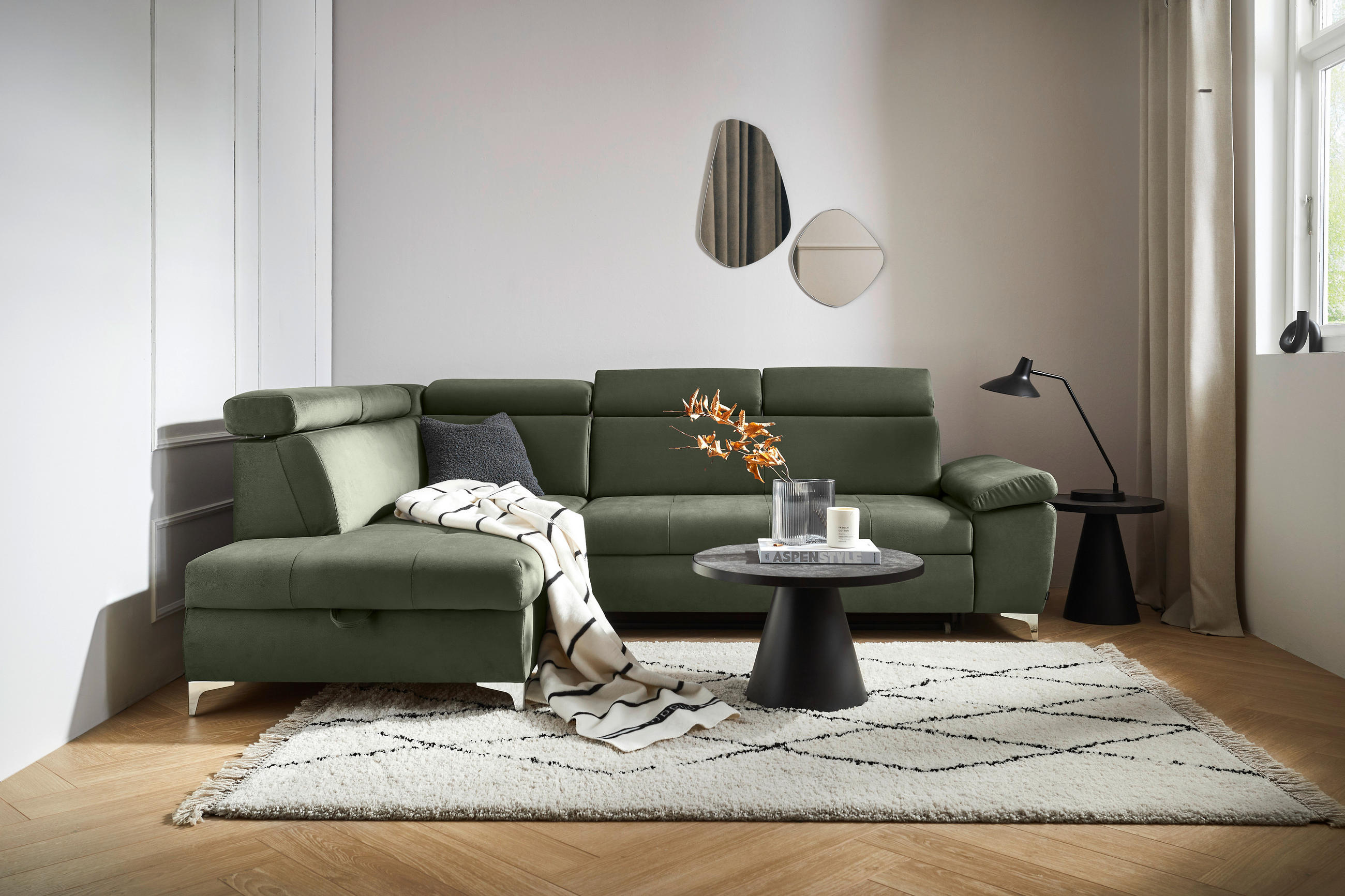 ECKSOFA Olivgrün Mikrofaser  - Chromfarben/Olivgrün, KONVENTIONELL, Textil/Metall (206/271cm) - Carryhome