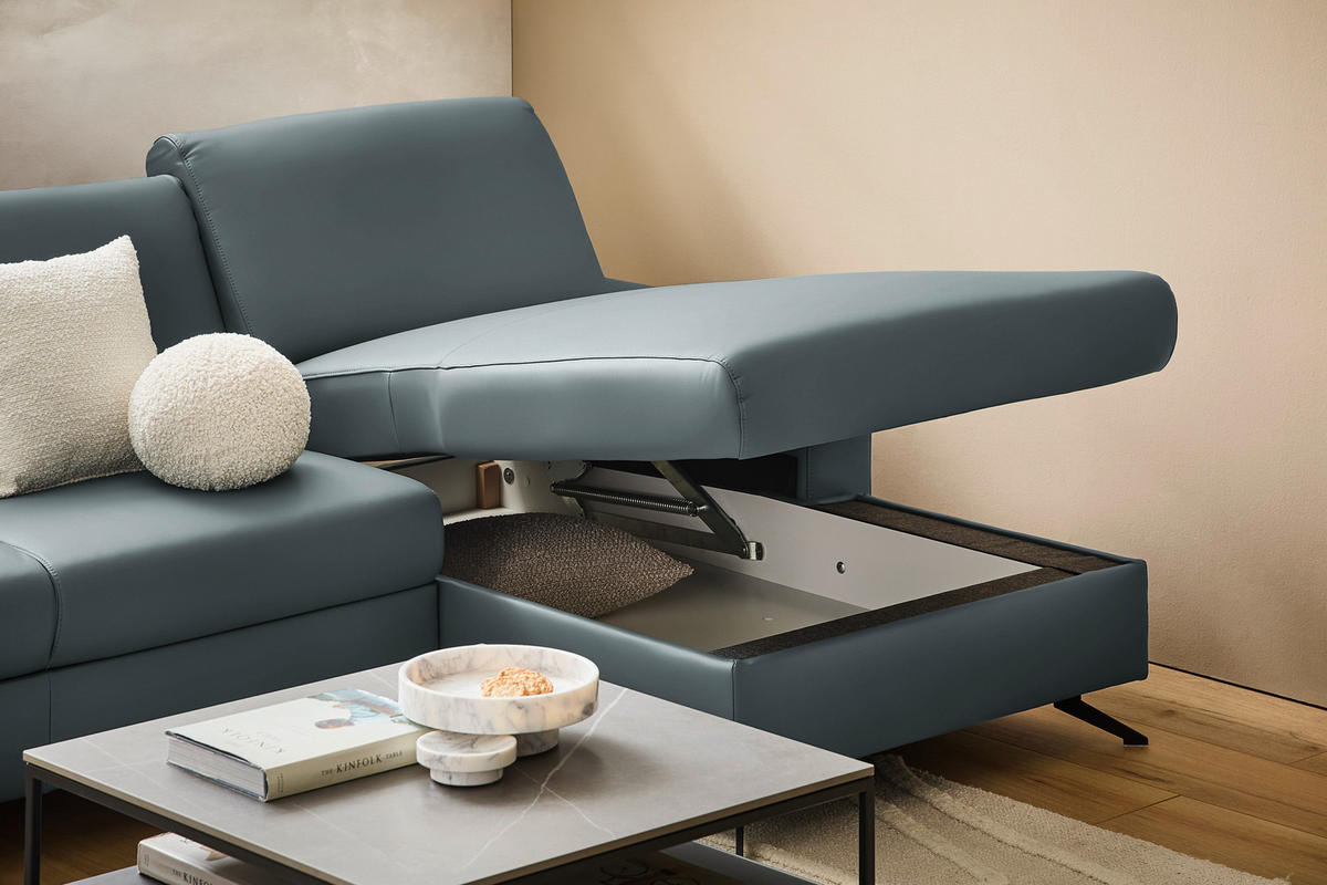 ECKSOFA in Echtleder Blaugrau  - Blaugrau/Schwarz, Design, Leder/Metall (267/165cm) - Lomoco