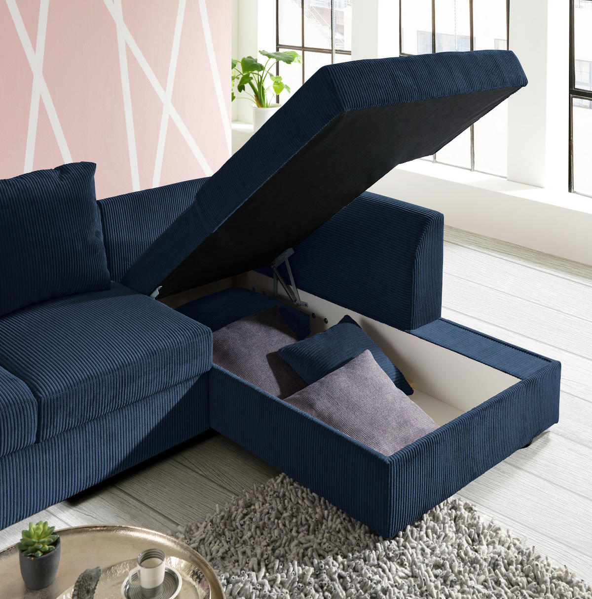 ECKSOFA in Cord Dunkelblau  - Schwarz/Dunkelblau, Design, Kunststoff/Textil (259/174cm) - Cantus