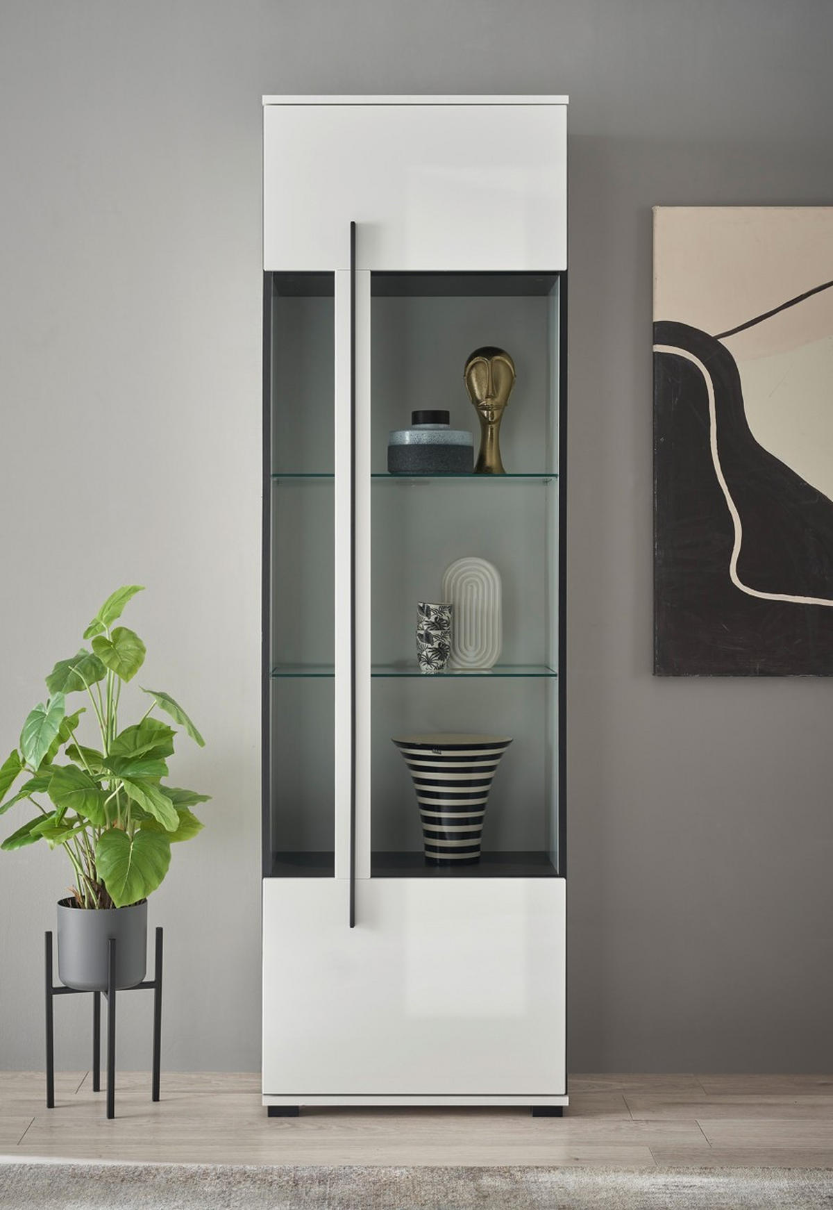 VITRINE  in Weiß Hochglanz  - Weiß Hochglanz/Schwarz, Design, Glas/Holzwerkstoff (60/200/37cm) - Livetastic