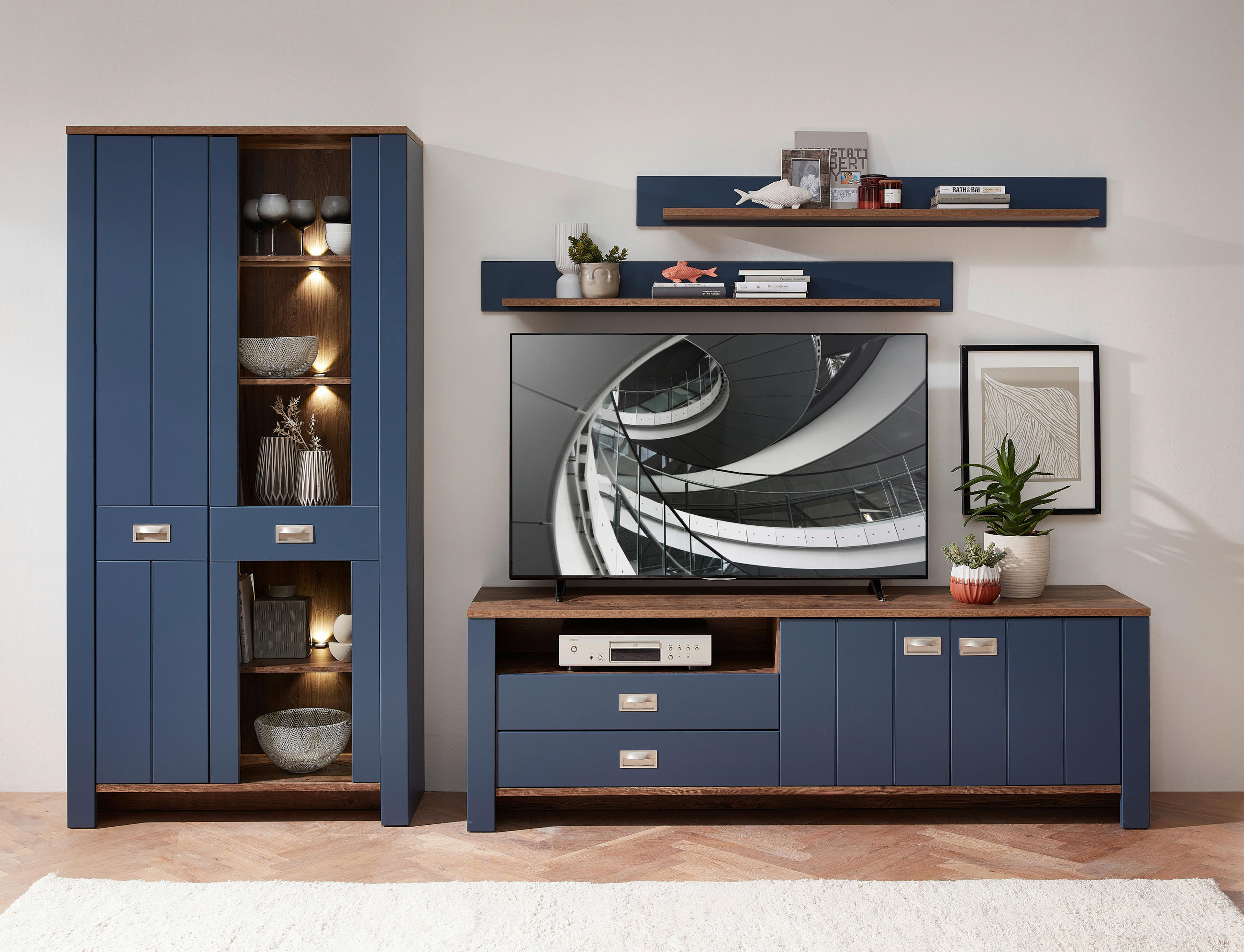 VITRINE in Eichefarben, Braun, Blau  - Blau/Eichefarben, Lifestyle, Holzwerkstoff/Metall (98/201/38cm) - MID.YOU