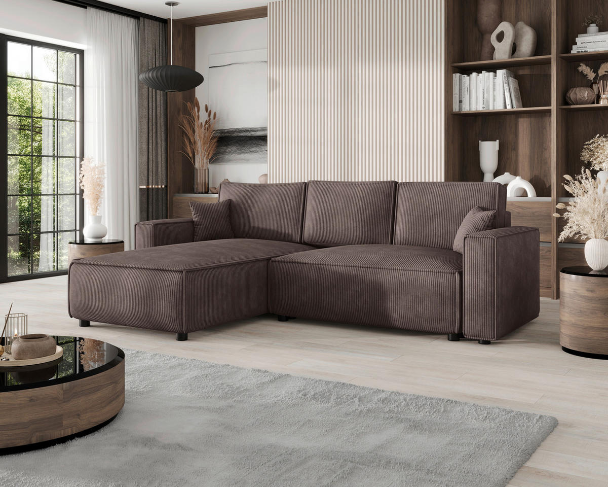 ECKSOFA Braun Cord Zierkissen, Rückenkissen, Bettkasten, Schlaffunktion, Rücken echt, Liegefläche im Originalstoff  - Schwarz/Braun, MODERN, Kunststoff/Textil (190/280cm) - Carryhome