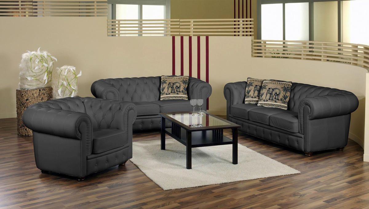 CHESTERFIELD-DREISITZER-SOFA in Echtleder Schwarz  - Nussbaumfarben/Schwarz, Design, Leder/Holz (200/76/98cm) - Max Winzer