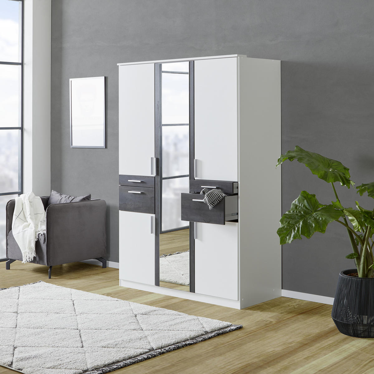 KLEIDERSCHRANK in Graphitfarben, Grau, Weiss  - Weiss/Silberfarben, Modern, Holzwerkstoff/Kunststoff (135/199/58cm) - MID.YOU