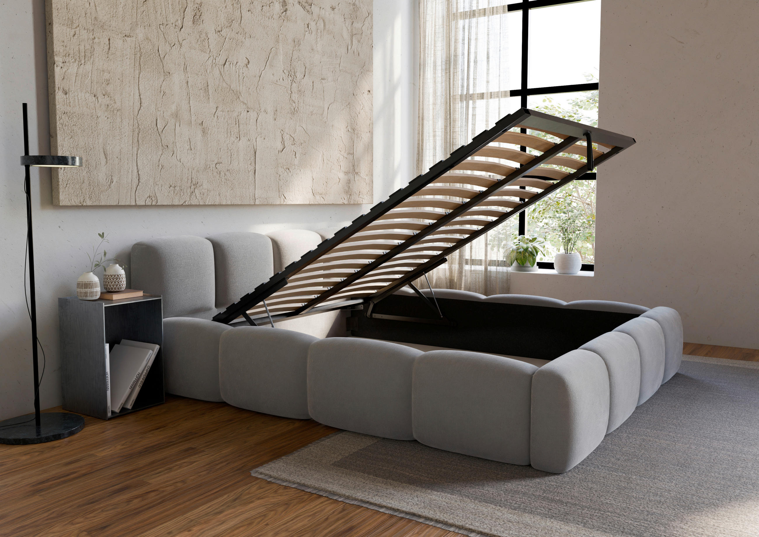 POLSTERBETT Lattenrost, Bettkasten Hellgrau 180/200 cm  - Hellgrau/Schwarz, Design, Holz/Textil (180/200cm) - Boxxx
