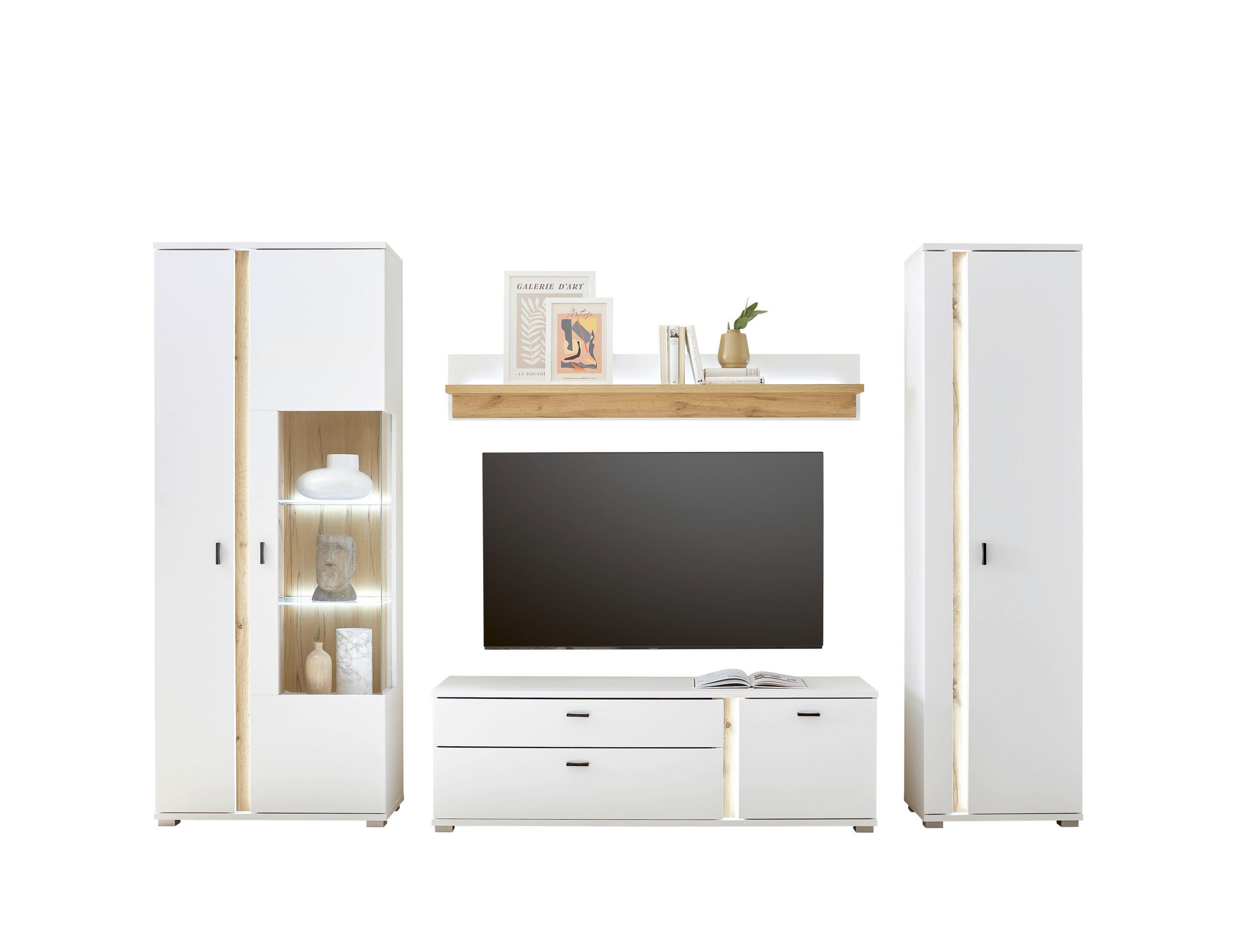 WOHNWAND 4-teilig  in Weiß, Eiche Wotan  305/200/42 cm  - Silberfarben/Eiche Wotan, Design, Glas/Holzwerkstoff (305/200/42cm) - MID.YOU