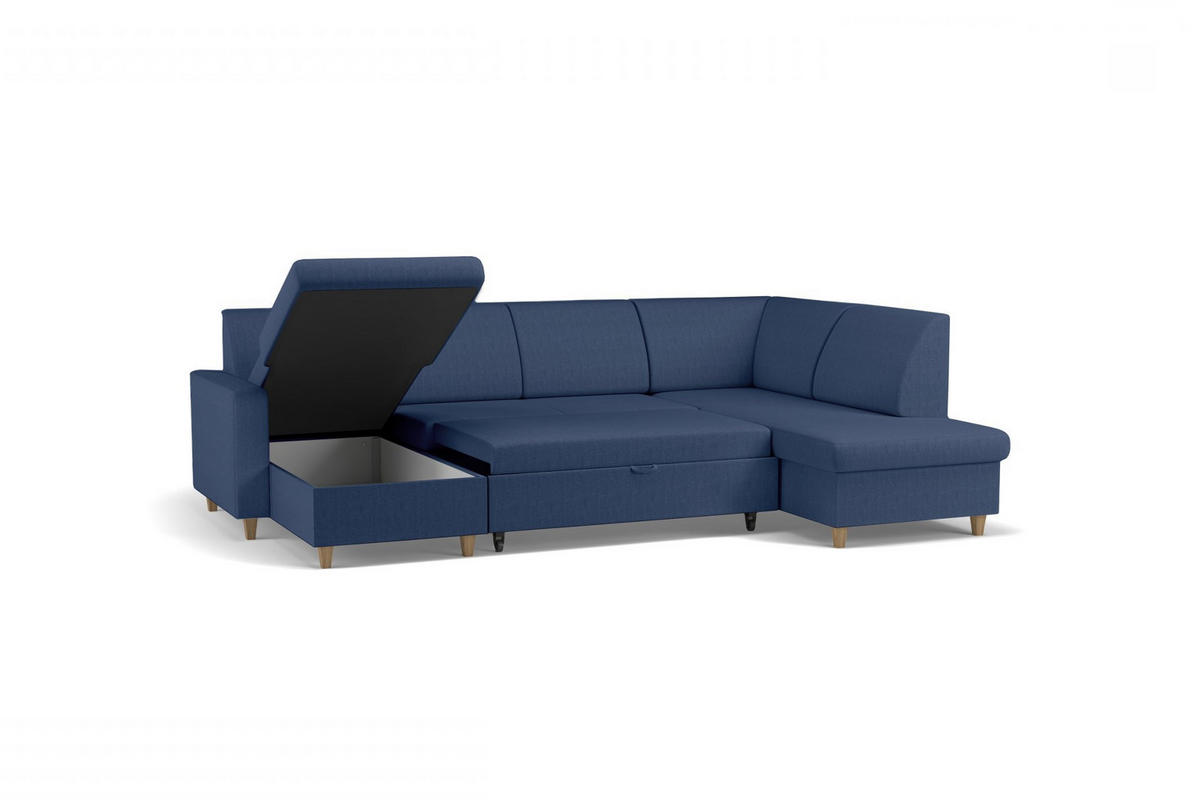 WOHNLANDSCHAFT Bouclé Blau  - Blau/Buchefarben, Design, Holz/Holzwerkstoff (310/160/145cm) - MID.YOU