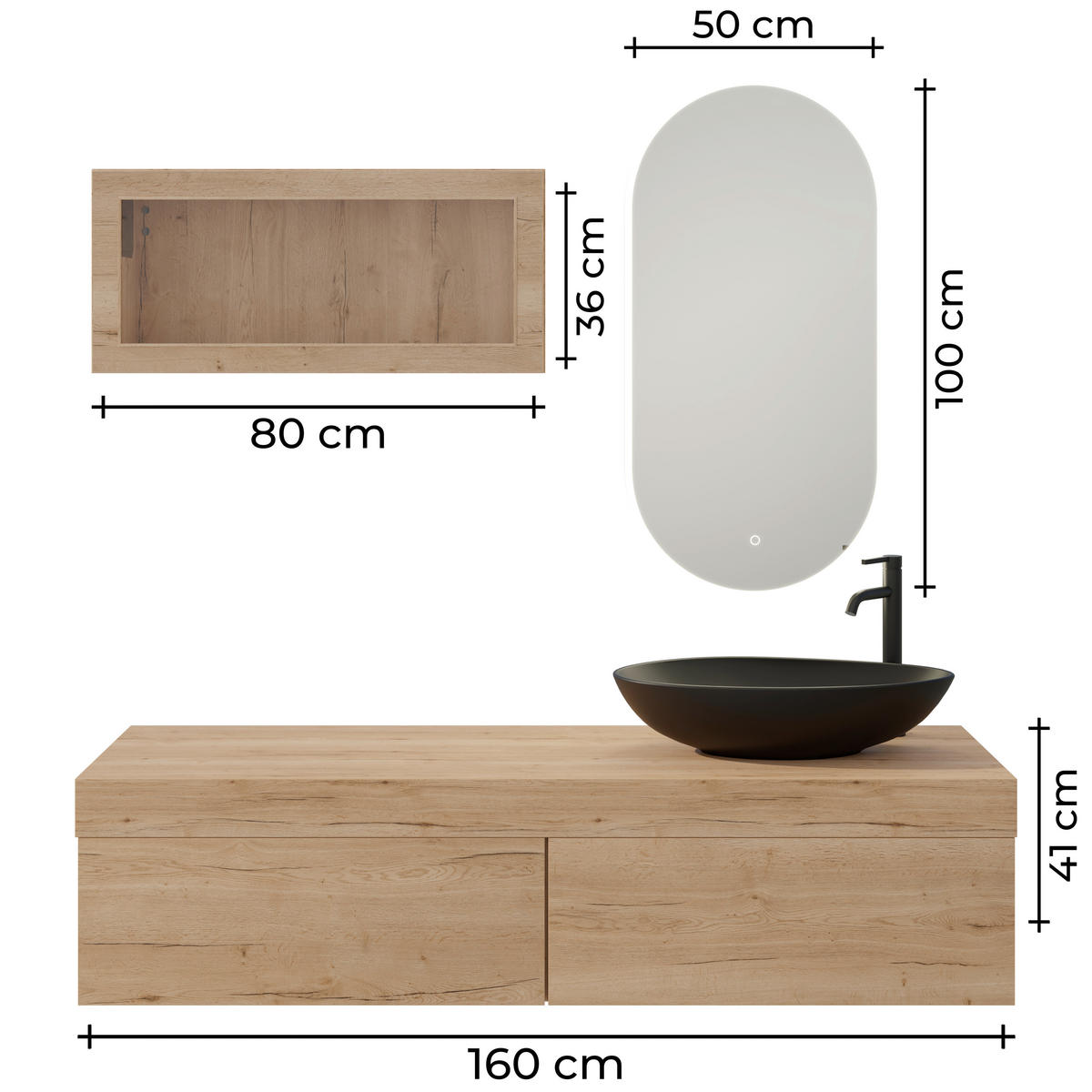 BADEZIMMER 6-teilig  in 160 cm  - Eichefarben/Schwarz, MODERN, Glas/Keramik (160cm) - Celina Home