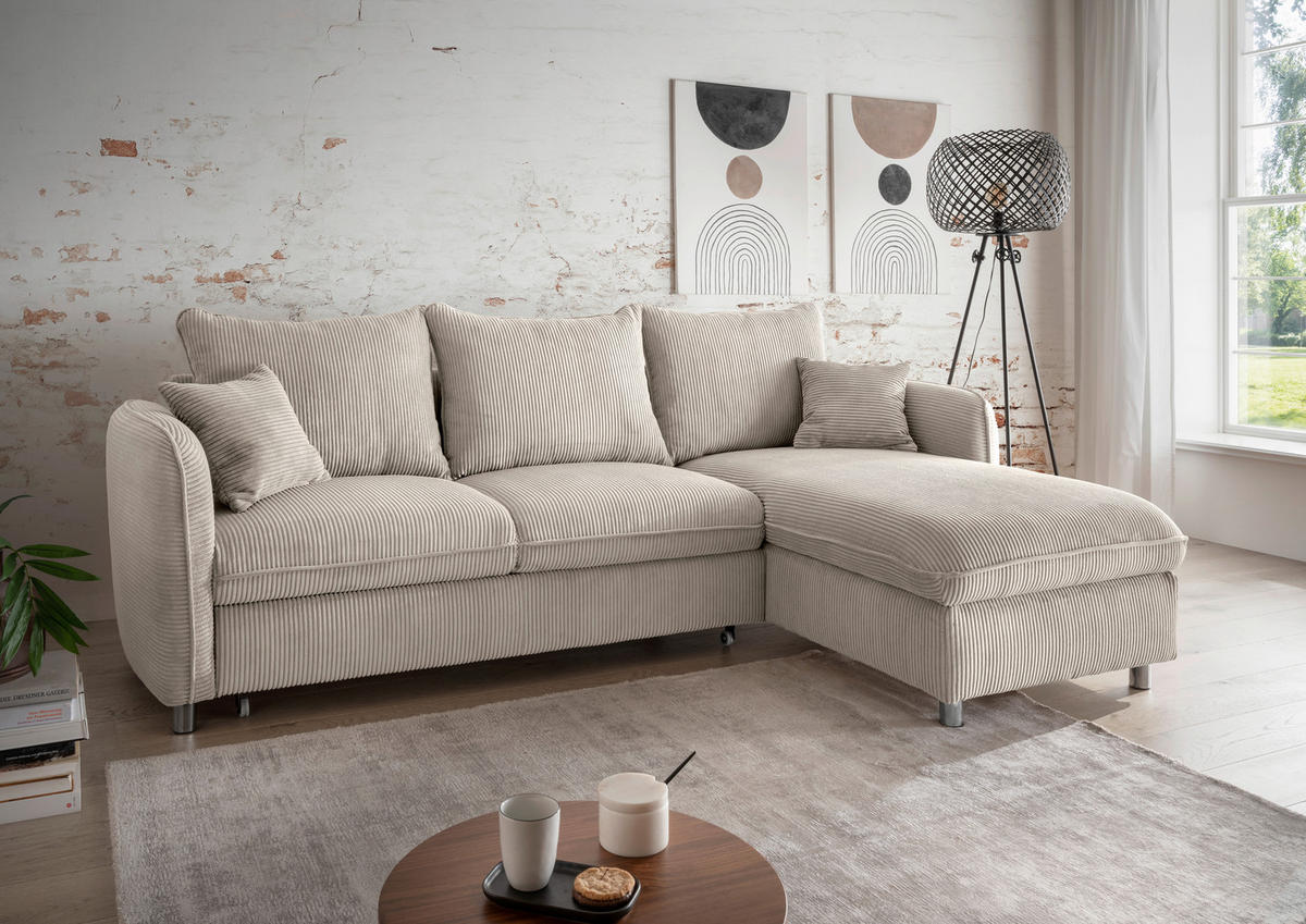 ECKSCHLAFSOFA in Cord Beige  - Chromfarben/Beige, Modern, Textil/Metall (254/160cm) - Livetastic