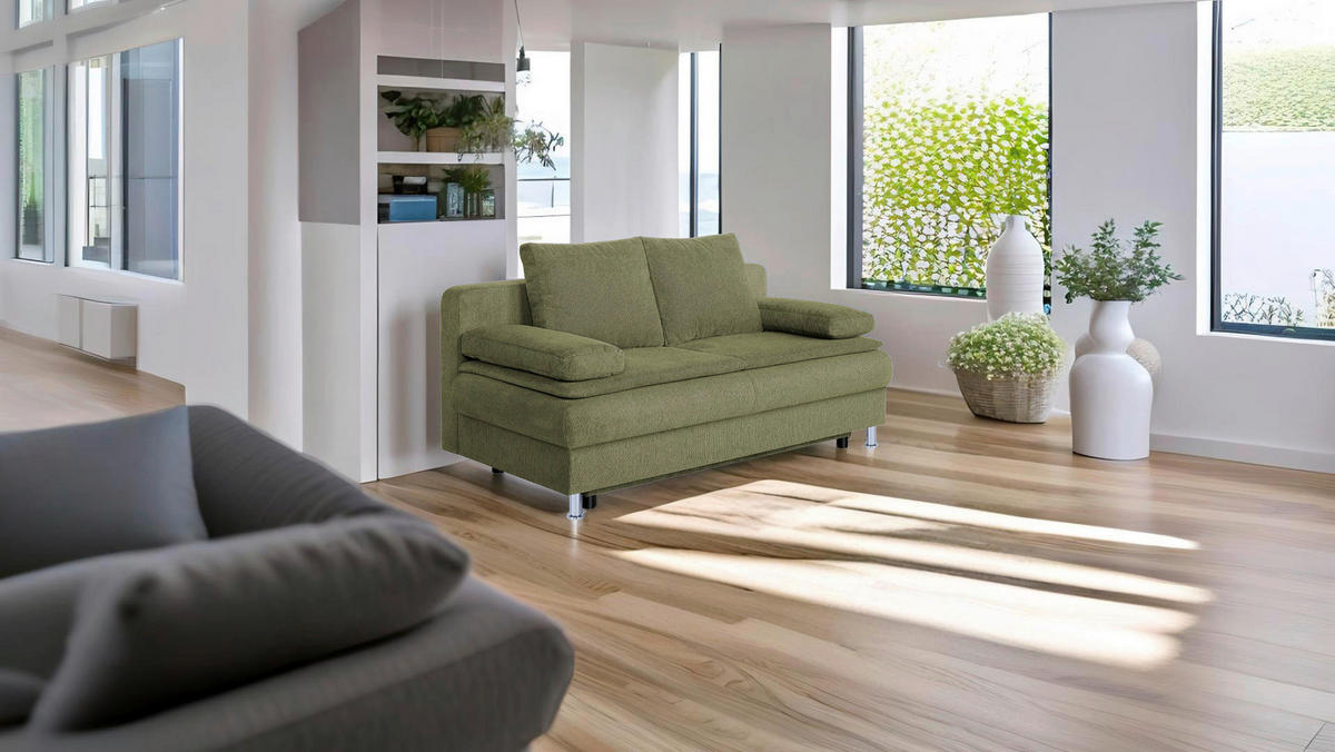 SCHLAFSOFA  in Webstoff Olivgrün  - Chromfarben/Schwarz, Design, Holzwerkstoff/Kunststoff (200/92/90cm) - P & B