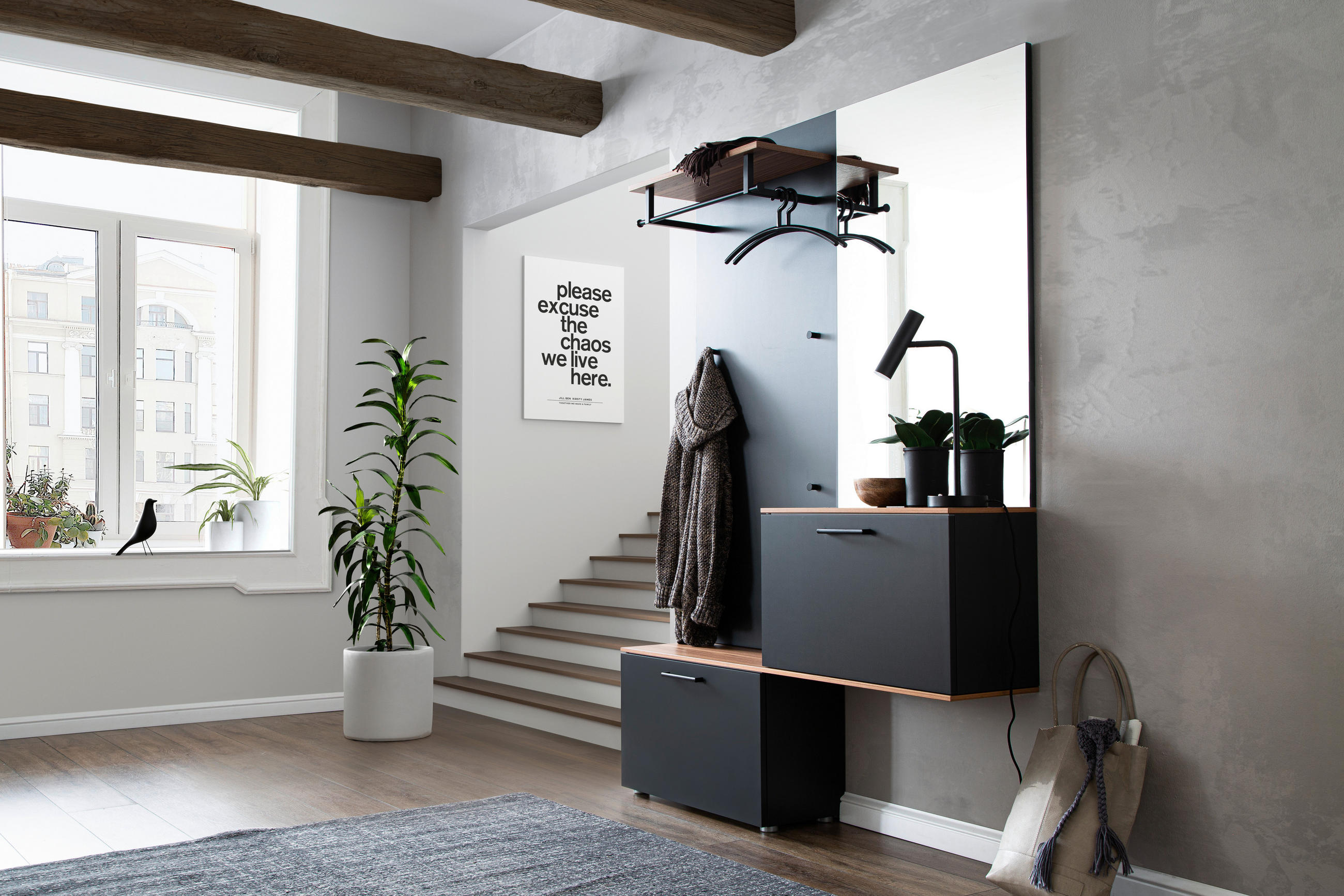 GARDEROBE 4-teilig  in 136/198/29 cm  - Anthrazit/Nussbaumfarben, Design, Holzwerkstoff (136/198/29cm) - Moderano