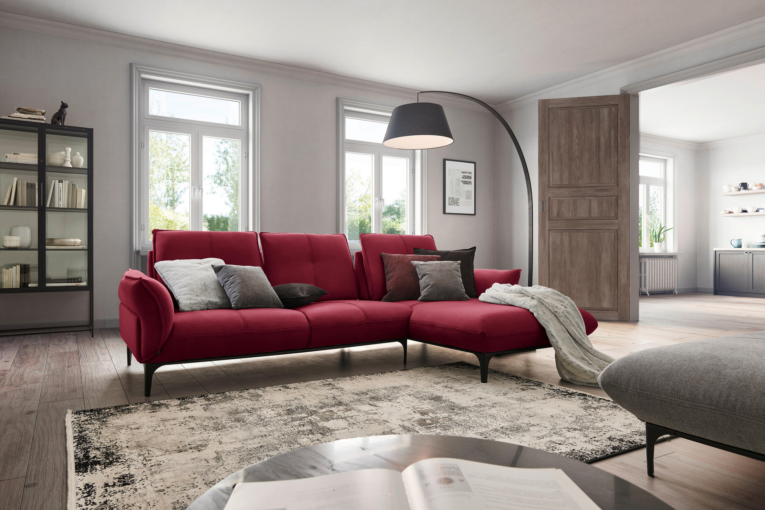 ECKSOFA in Echtleder Bordeaux  - Bordeaux/Schwarz, Natur, Leder (277/182cm) - Valnatura