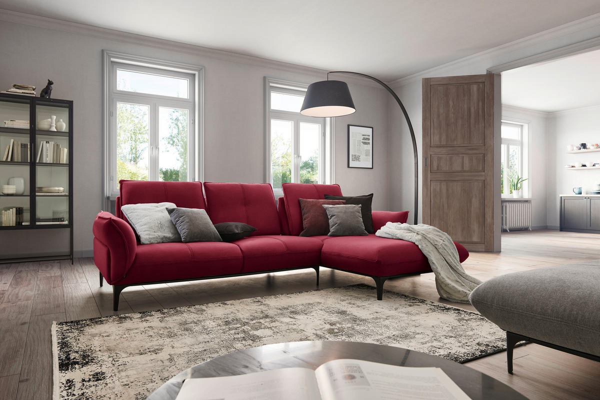 ECKSOFA in Echtleder Bordeaux  - Bordeaux/Schwarz, Natur, Leder (277/182cm) - Valnatura