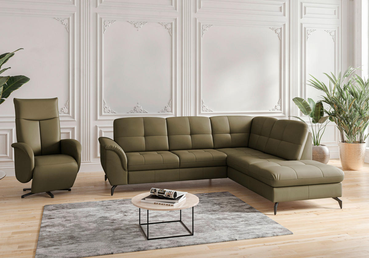 ECKSOFA Vliesstoff Kombination Echtleder/Stoff Olivgrün  - Schwarz/Olivgrün, Modern, Leder/Textil (244/212cm) - Sit & More