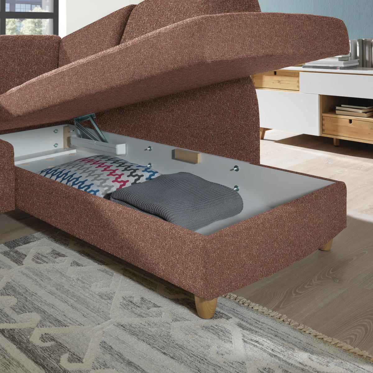 ECKSOFA  in Mikrovelours Terracotta  227/208 cm  - Eichefarben/Rot, KONVENTIONELL, Holz/Textil (227/208cm) - Sedda