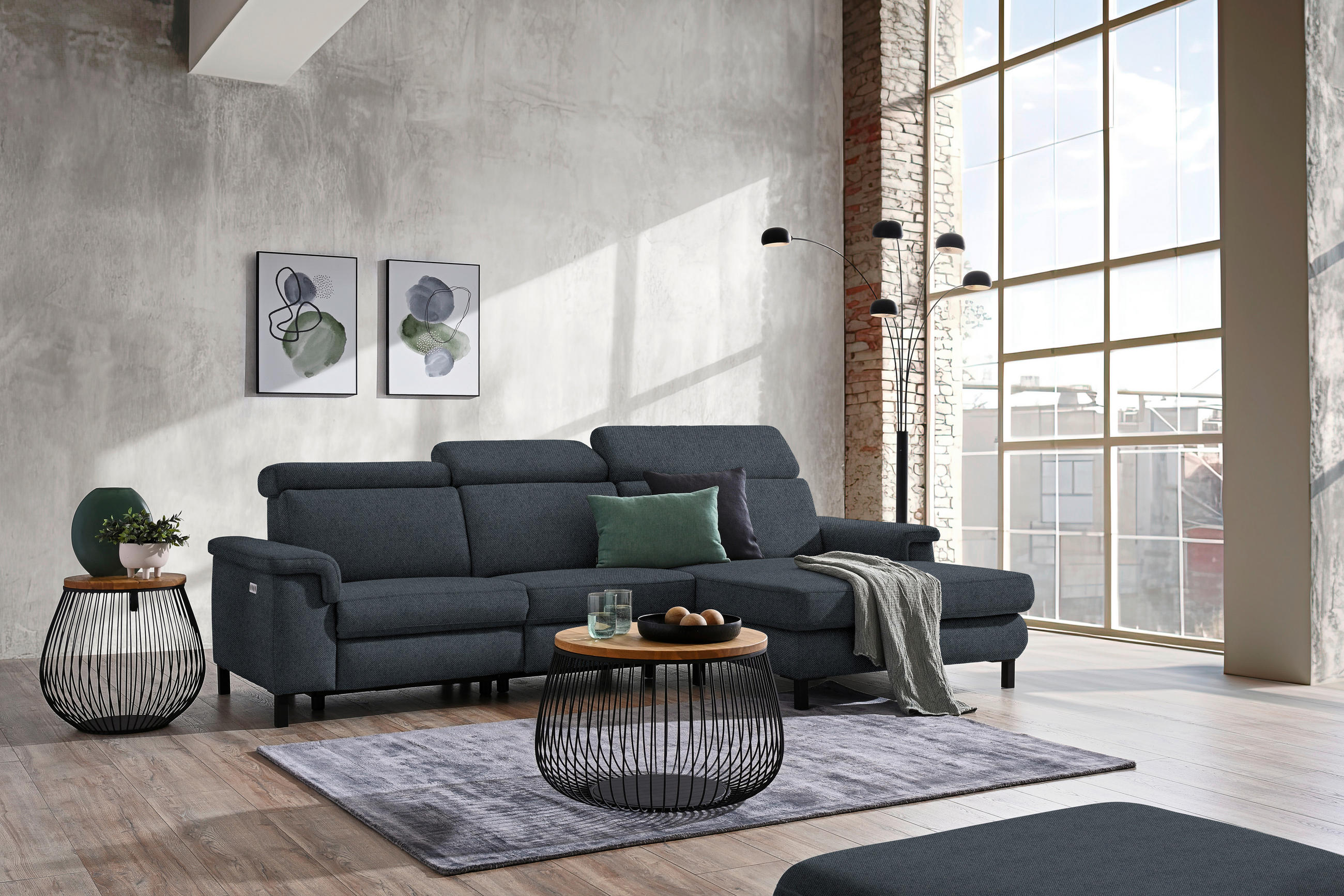 ECKSOFA in Flachgewebe Anthrazit  - Anthrazit/Schwarz, Konventionell, Textil/Metall (304/182cm) - Pure Home Comfort