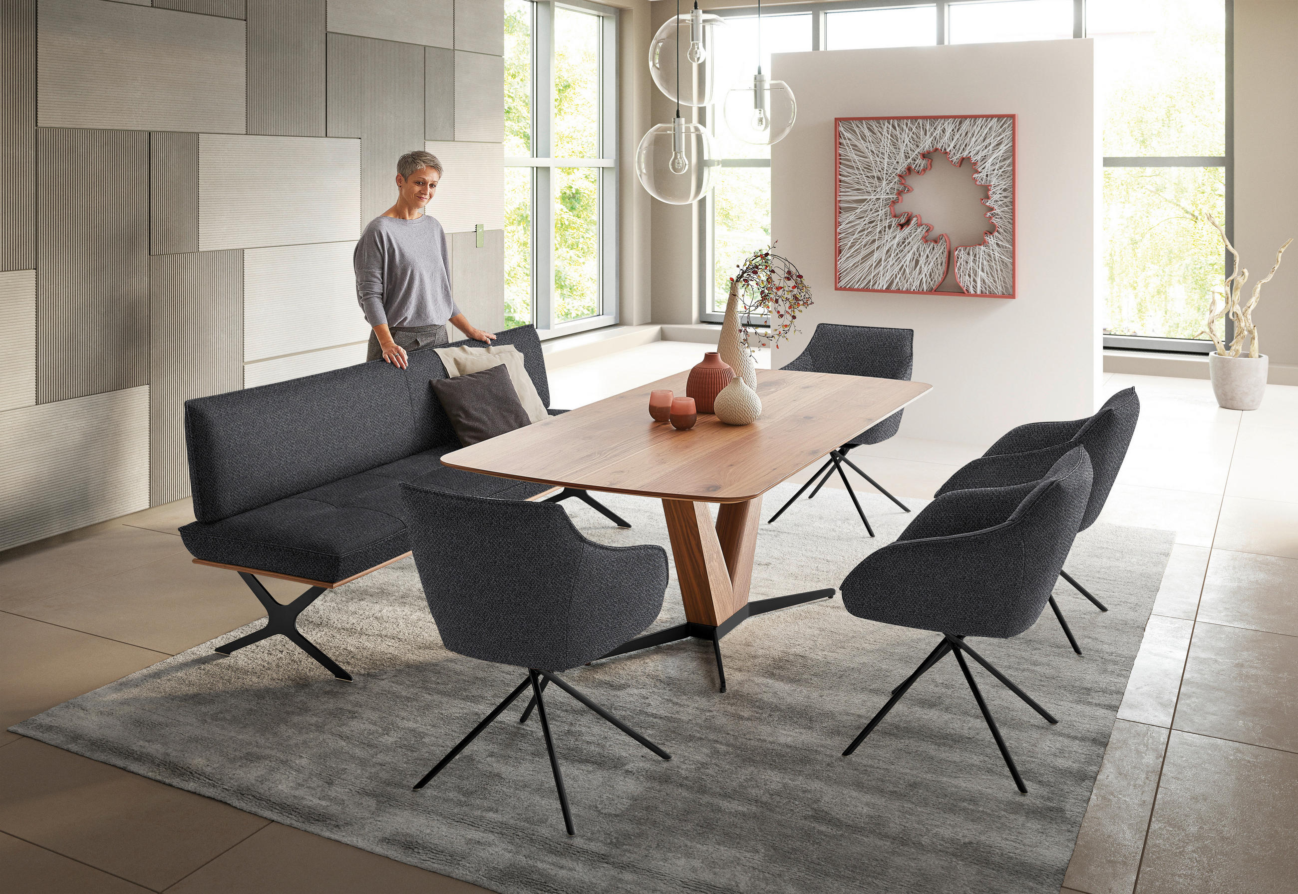 SITZBANK in Holz, Textil Grau, Schwarz, Nussbaumfarben  - Nussbaumfarben/Schwarz, Design, Holz/Textil (214/88/66cm) - Koinor