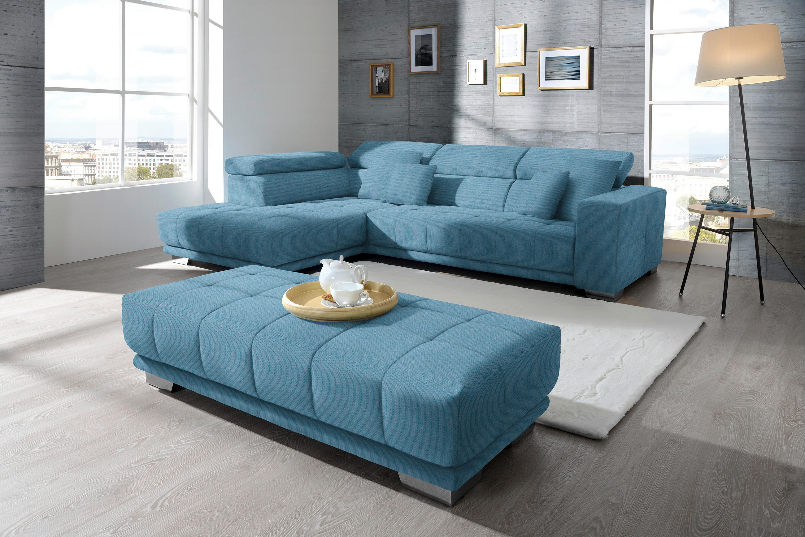 ECKSOFA in Mikrofaser Pastellblau  - Chromfarben/Pastellblau, Design, Textil/Metall (207/301cm) - Xora