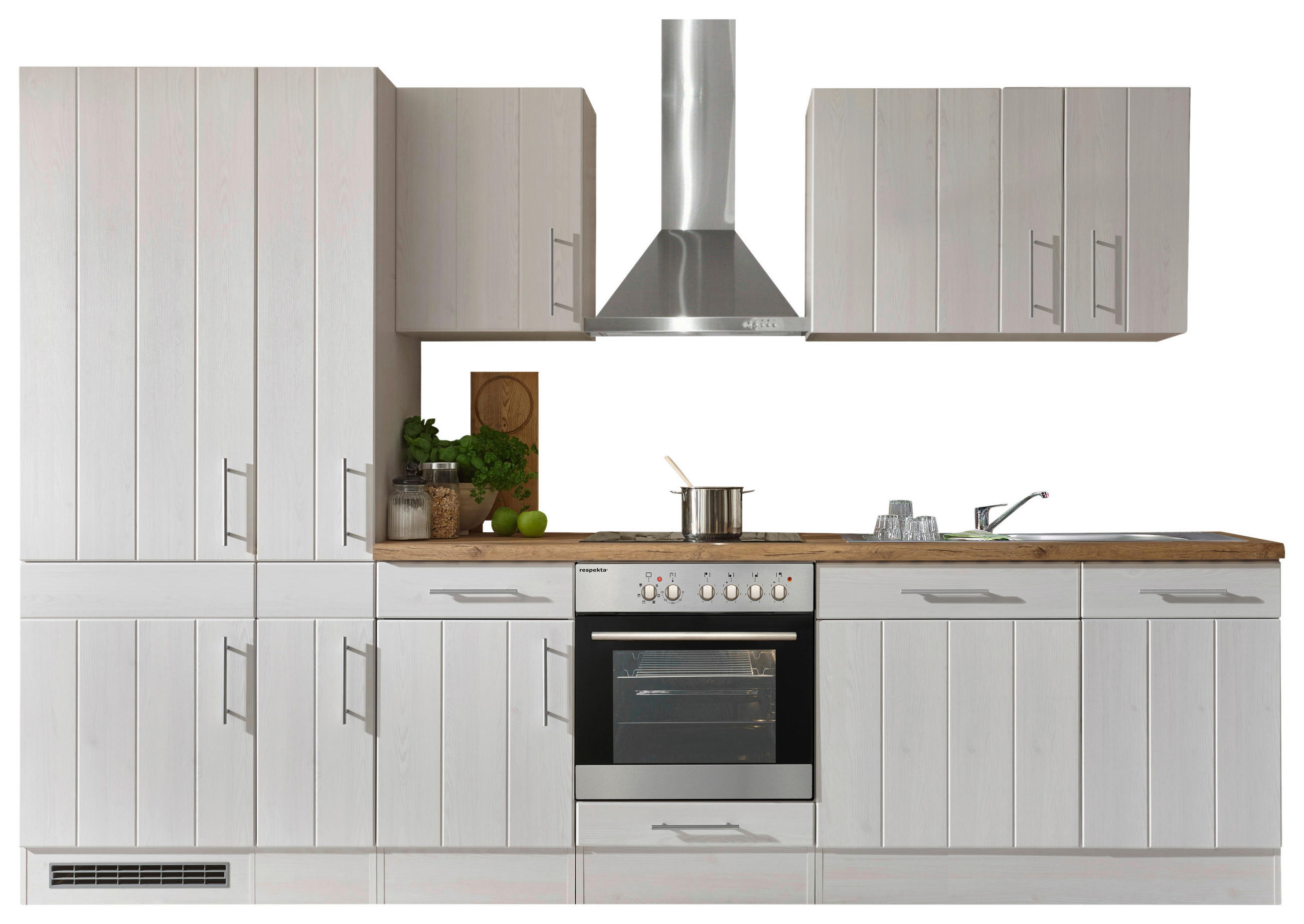 KÜCHENBLOCK 310 cm Weiß, Lärchefarben E-Geräte, Spüle, Soft-Close-System, Geschirrspüler, Geschirrspülerblende, Dunstabzug, Ab- und Überlaufgarnitur - Wildeiche/Edelstahlfarben, ROMANTIK / LANDHAUS, Metall (310cm) - Respekta