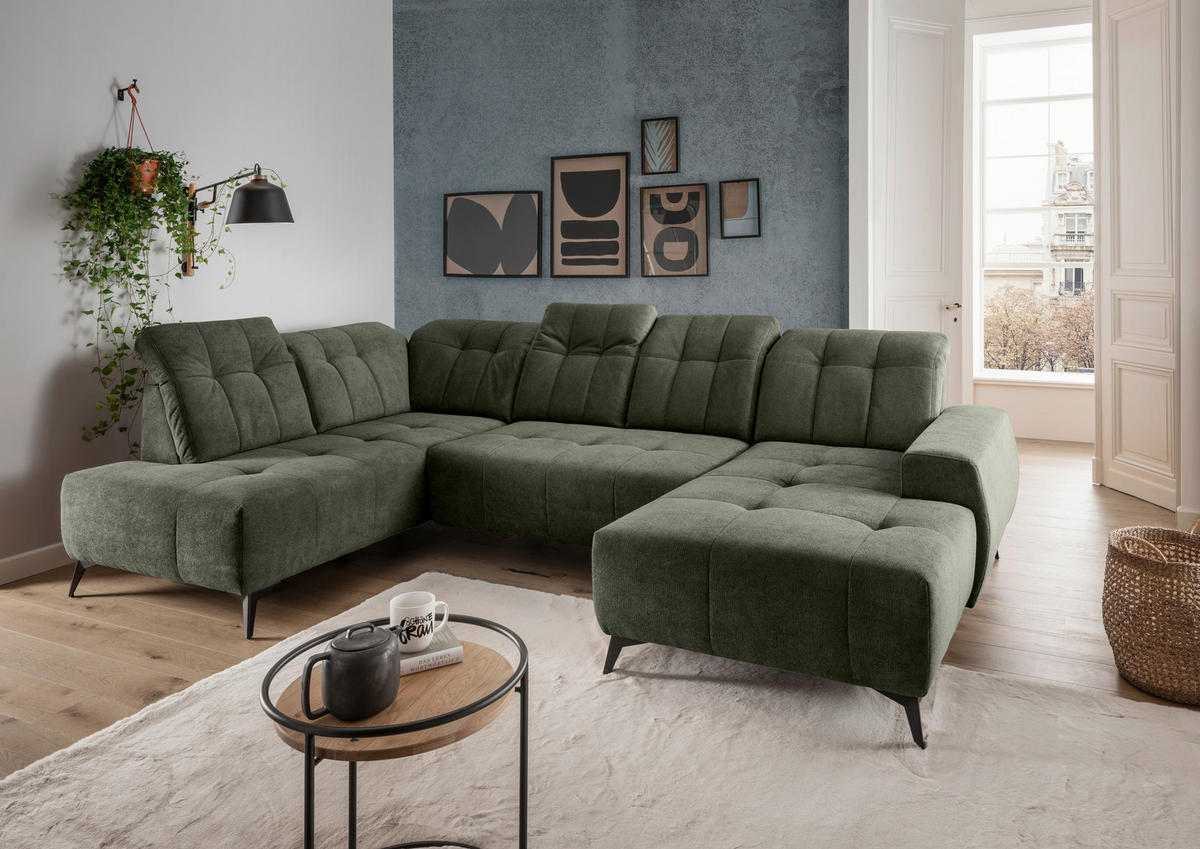 WOHNLANDSCHAFT SANO in Chenille Dunkelgrün  - Dunkelgrün/Schwarz, MODERN, Textil/Metall (200/337/180cm) - Livetastic