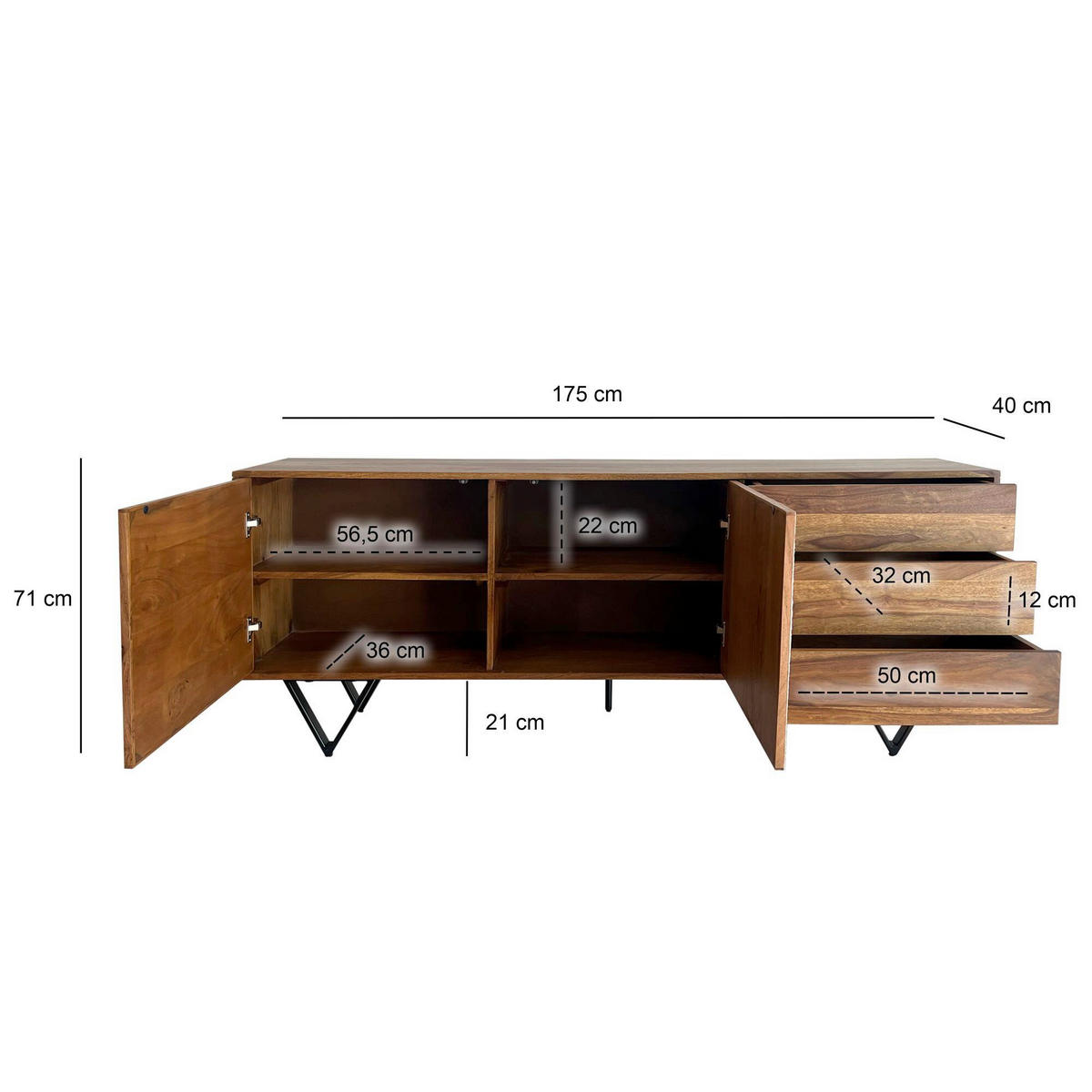 SIDEBOARD  in 175/71/40 cm  - Sheeshamfarben/Schwarz, Natur, Holz/Metall (175/71/40cm) - Livetastic