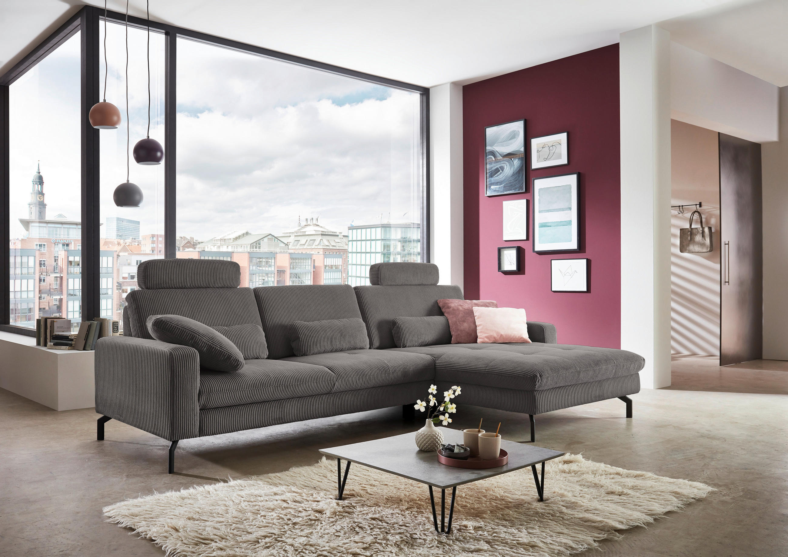 ECKSOFA in Cord Anthrazit  - Anthrazit/Schwarz, Design, Textil/Metall (302/178cm) - Beldomo Style