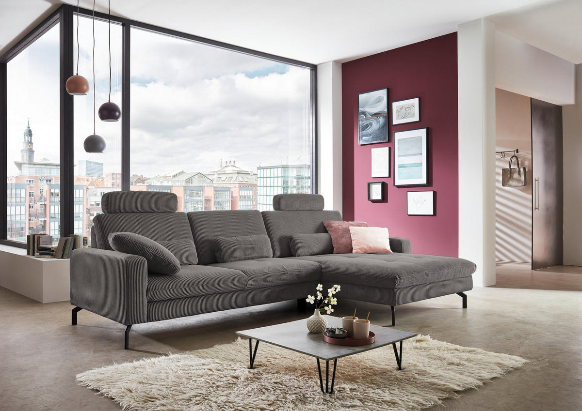 ECKSOFA in Cord Anthrazit  - Anthrazit/Schwarz, Design, Textil/Metall (302/178cm) - Beldomo Style