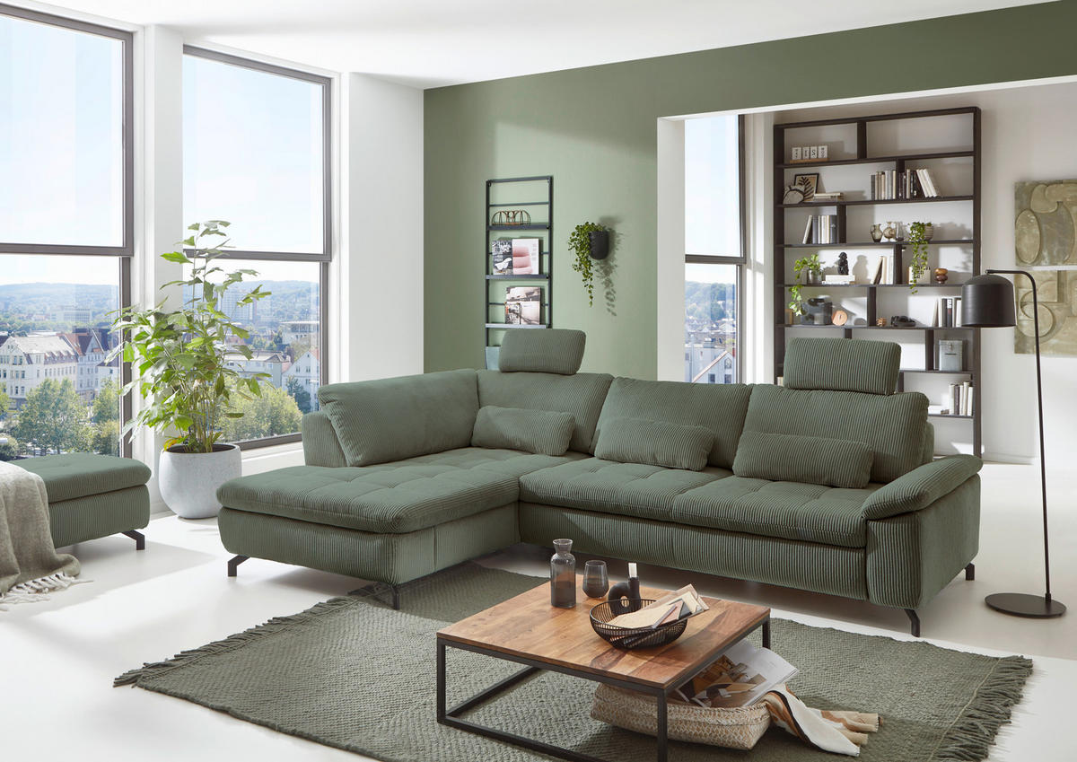 ECKSOFA in Cord, Velours Grün  - Schwarz/Grün, Design, Textil/Metall (197/291cm) - Beldomo Style