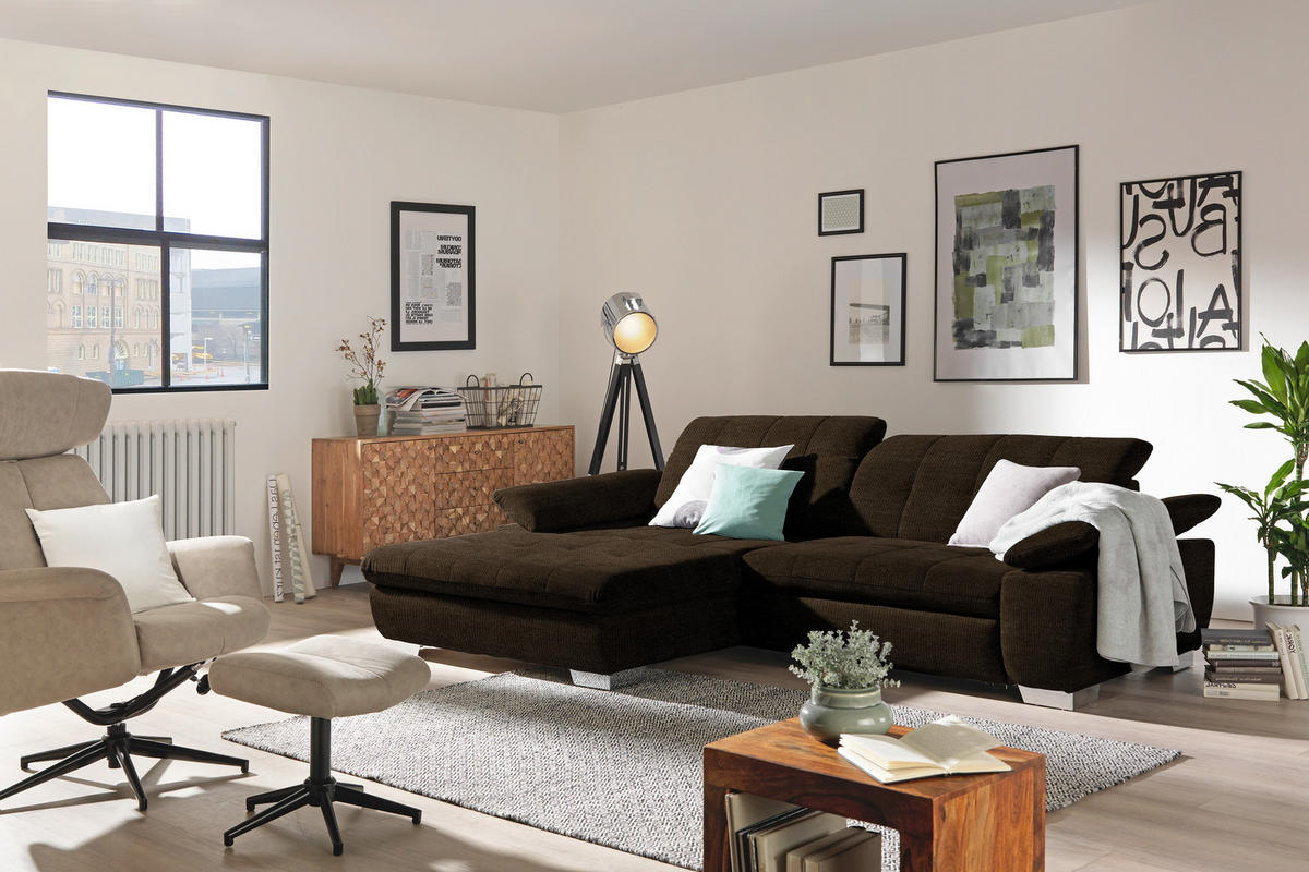 ECKSOFA in Mikrofaser Dunkelbraun  - Chromfarben/Dunkelbraun, Design, Textil/Metall (180/265cm) - Carryhome