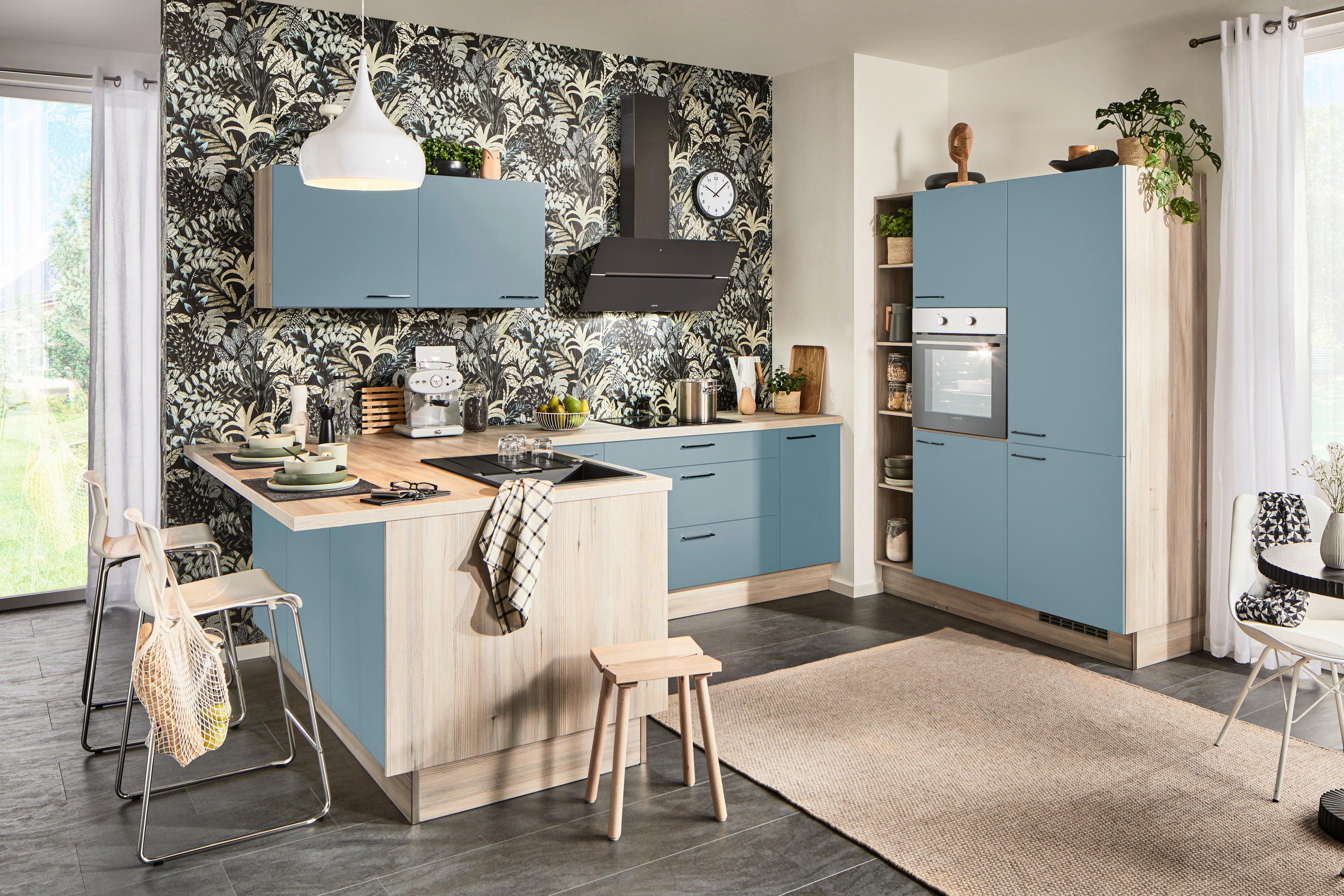 ECKKÜCHE  in Pastellblau, Tannenholzfarben  - Pastellblau/Tannenholzfarben, Design, Holzwerkstoff/Metall (121,6/280/150cm) - Xora