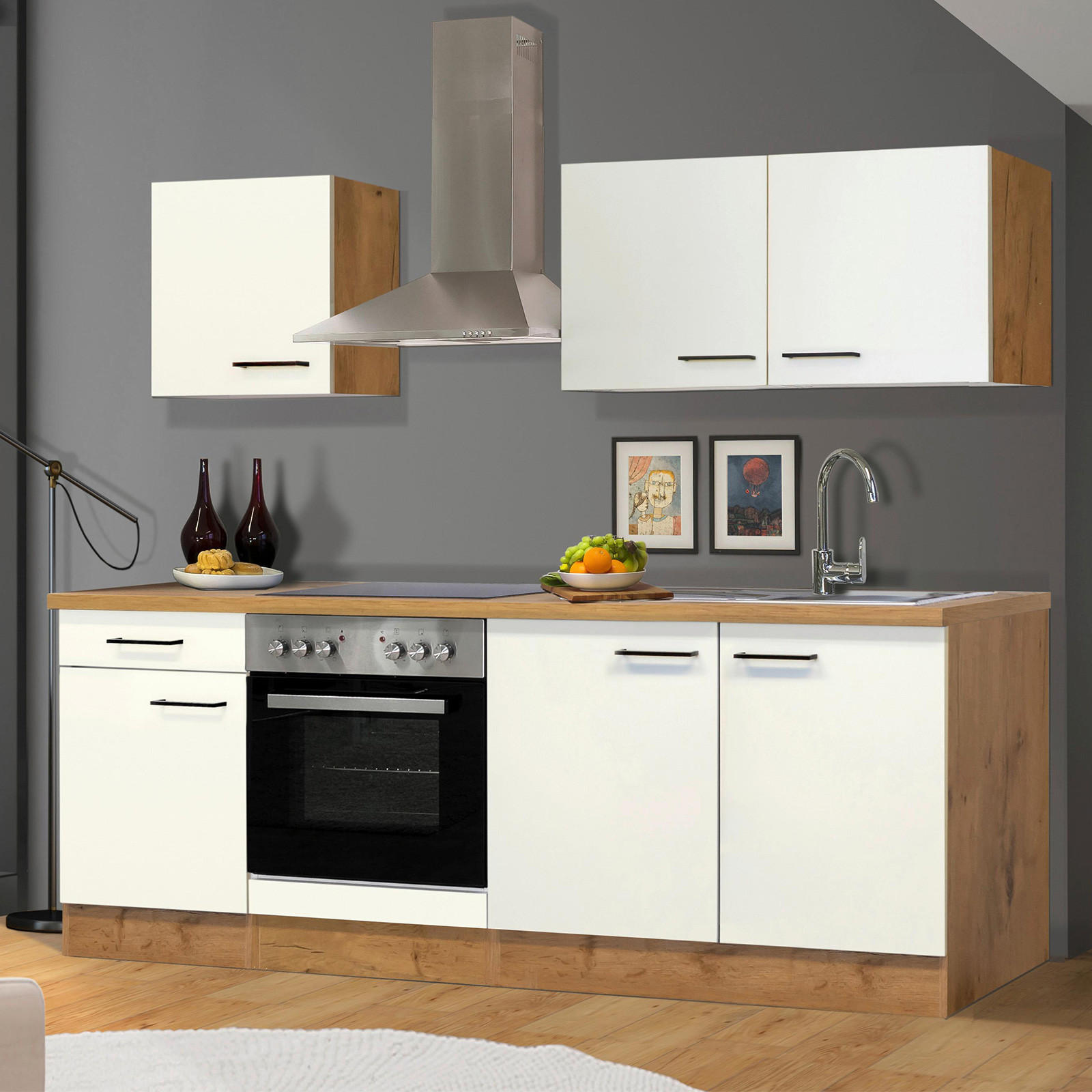 KÜCHENBLOCK 210 cm   in Eichefarben, Magnolie  - Eichefarben/Magnolie, MODERN, Holzwerkstoff/Metall (210cm) - FlexWell