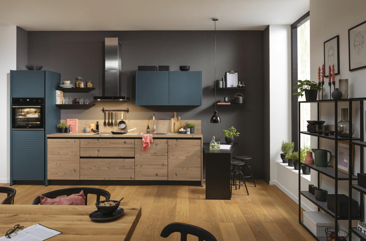 EINBAUKÜCHE   - Fichtefarben/Dunkelblau, KONVENTIONELL, Holzwerkstoff - Novel