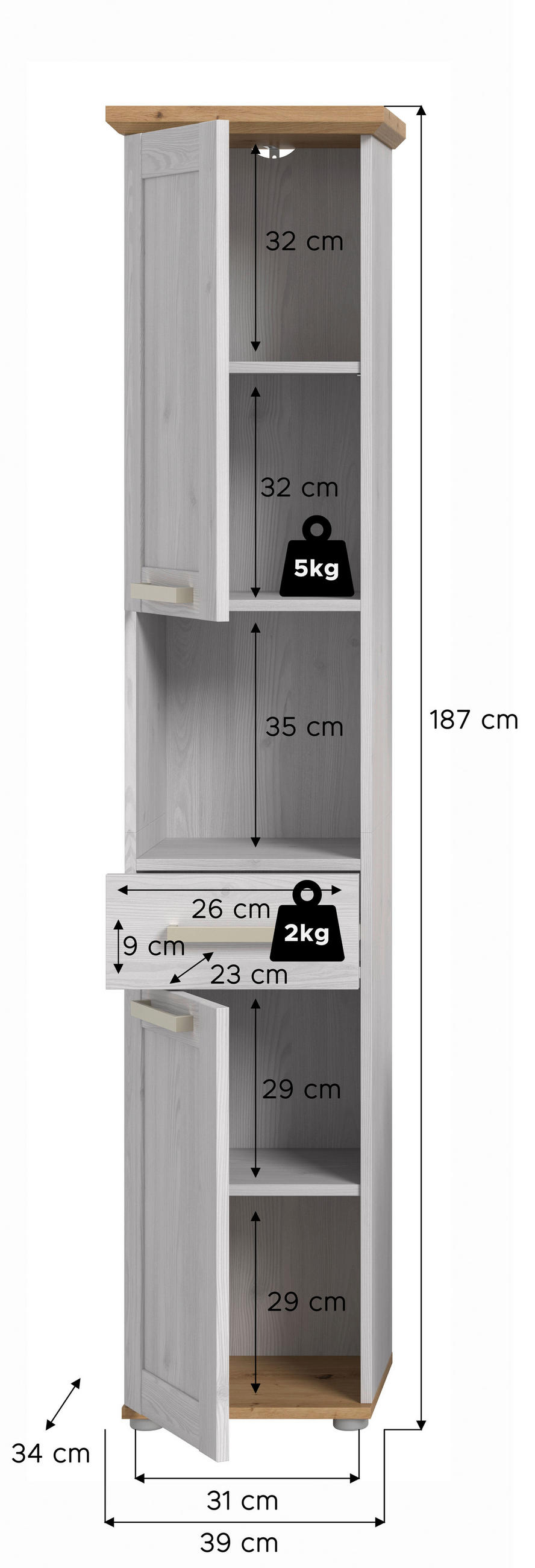 VYSOKÁ SKŘÍŇ, barvy modřínu, barvy modřínu, 39/187/34 cm - barvy stříbra/barvy modřínu, Trend, kompozitní dřevo/plast (39/187/34cm) - MID.YOU