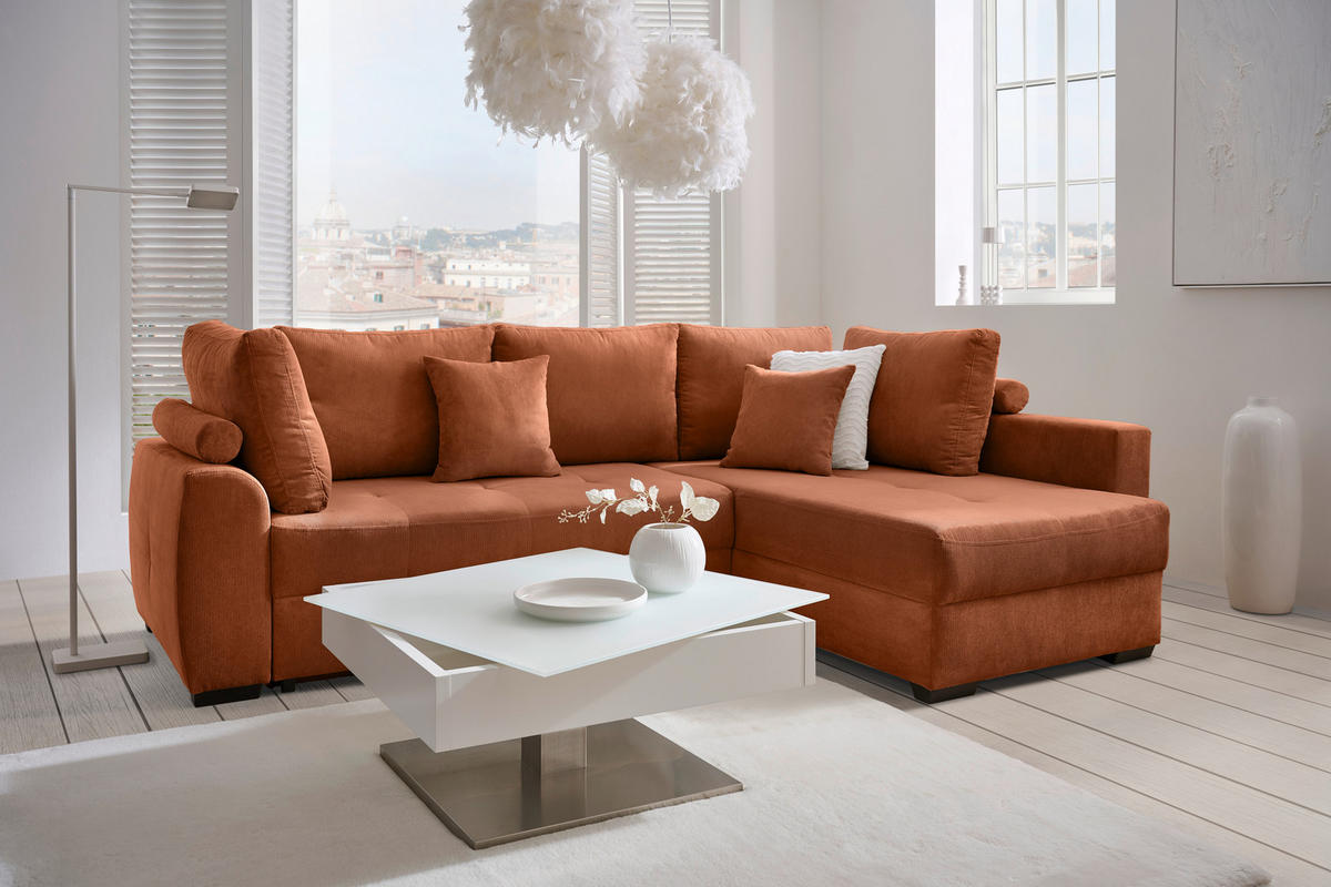 ECKSOFA inkl. Funktionen Rostfarben Cord  - Rostfarben/Schwarz, Design, Kunststoff/Textil (265/182cm) - Stylife