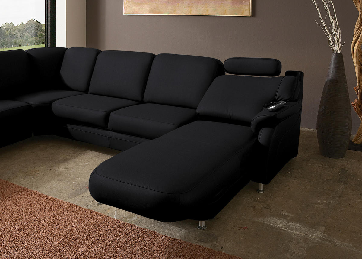 WOHNLANDSCHAFT Echtleder Schwarz  - Alufarben/Schwarz, Konventionell, Leder/Metall (239/329/165cm) - Beldomo Premium