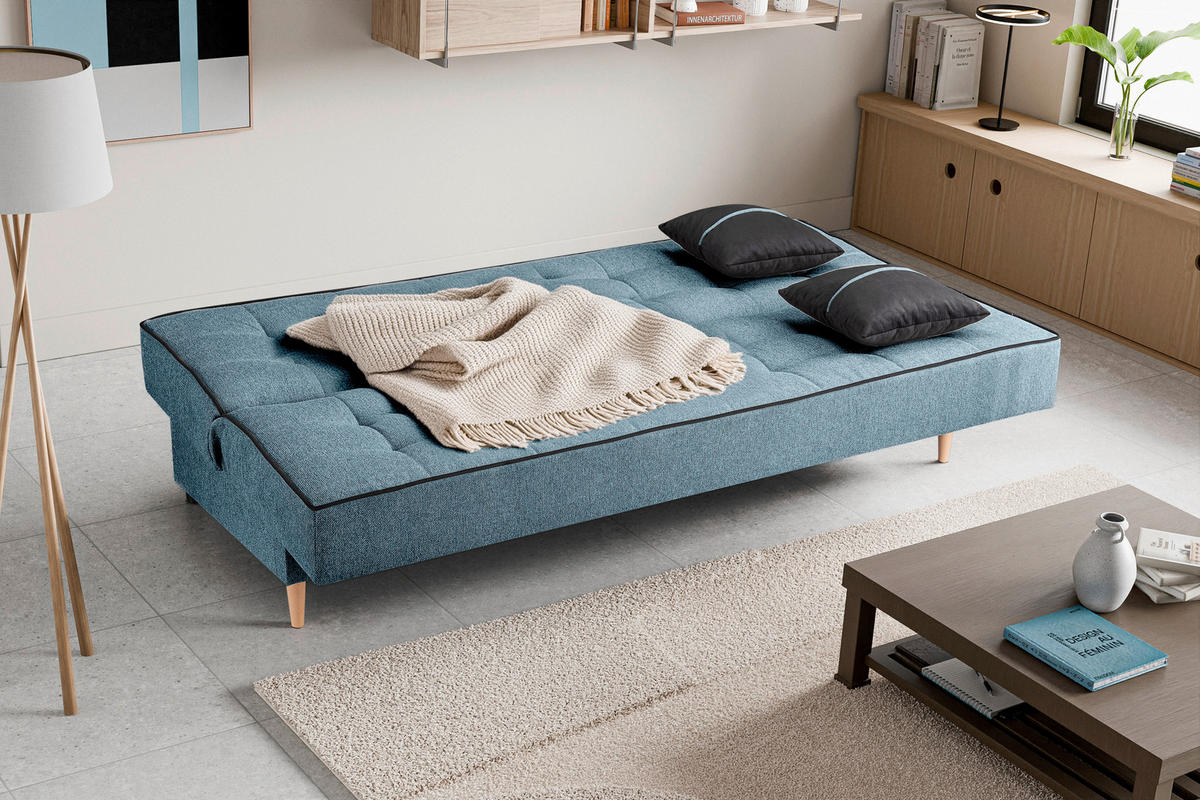 SCHLAFSOFA BONO  mit Liegefunktion Struktur Blau  - Hellbraun/Blau, Basics, Holz/Textil (199/91/91cm) - MID.YOU
