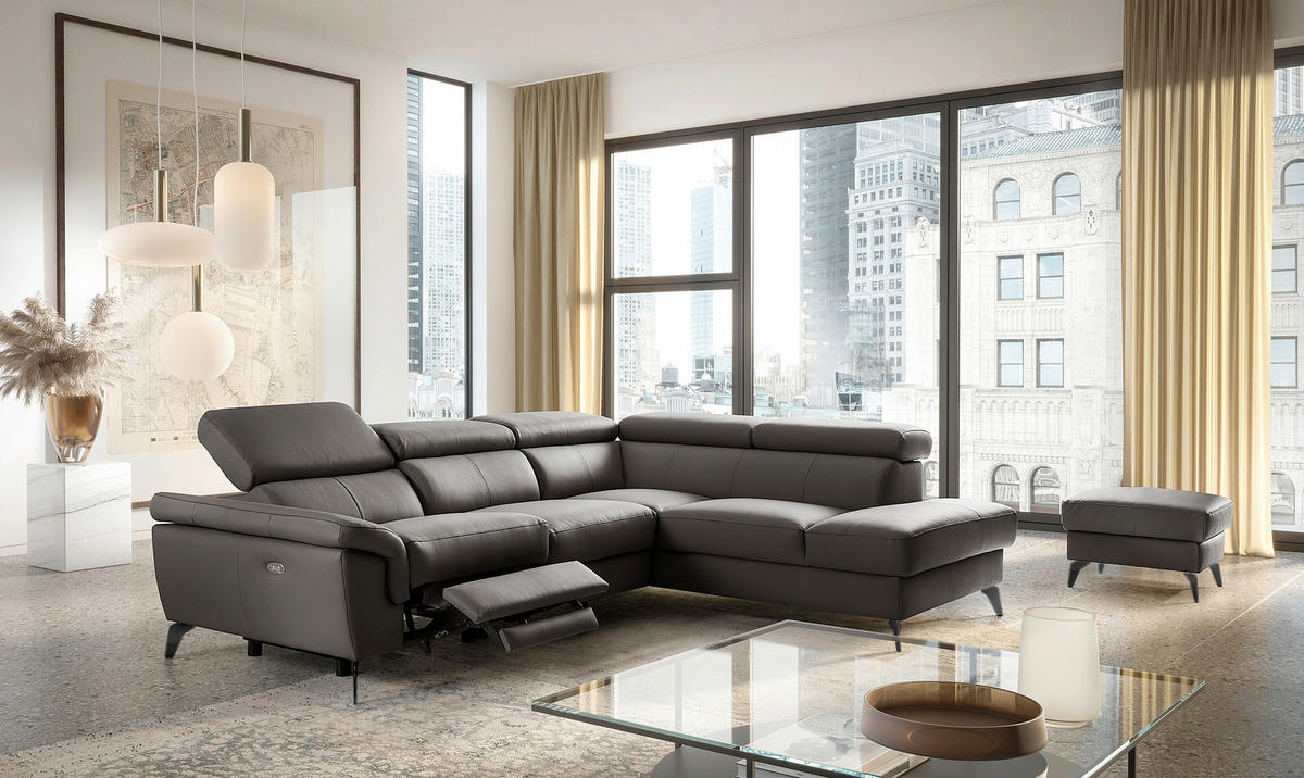 ECKSOFA SONO in Lederlook Echtleder Dunkelbraun Armteilverstellung, Kopfteilverstellung  265/210 cm  - Dunkelbraun/Schwarz, Design, Leder/Textil (265/210cm) - Livetastic