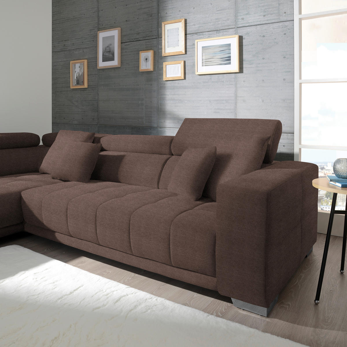 ECKSOFA in Mikrofaser Hellbraun  - Chromfarben/Hellbraun, Design, Textil/Metall (207/301cm) - Xora