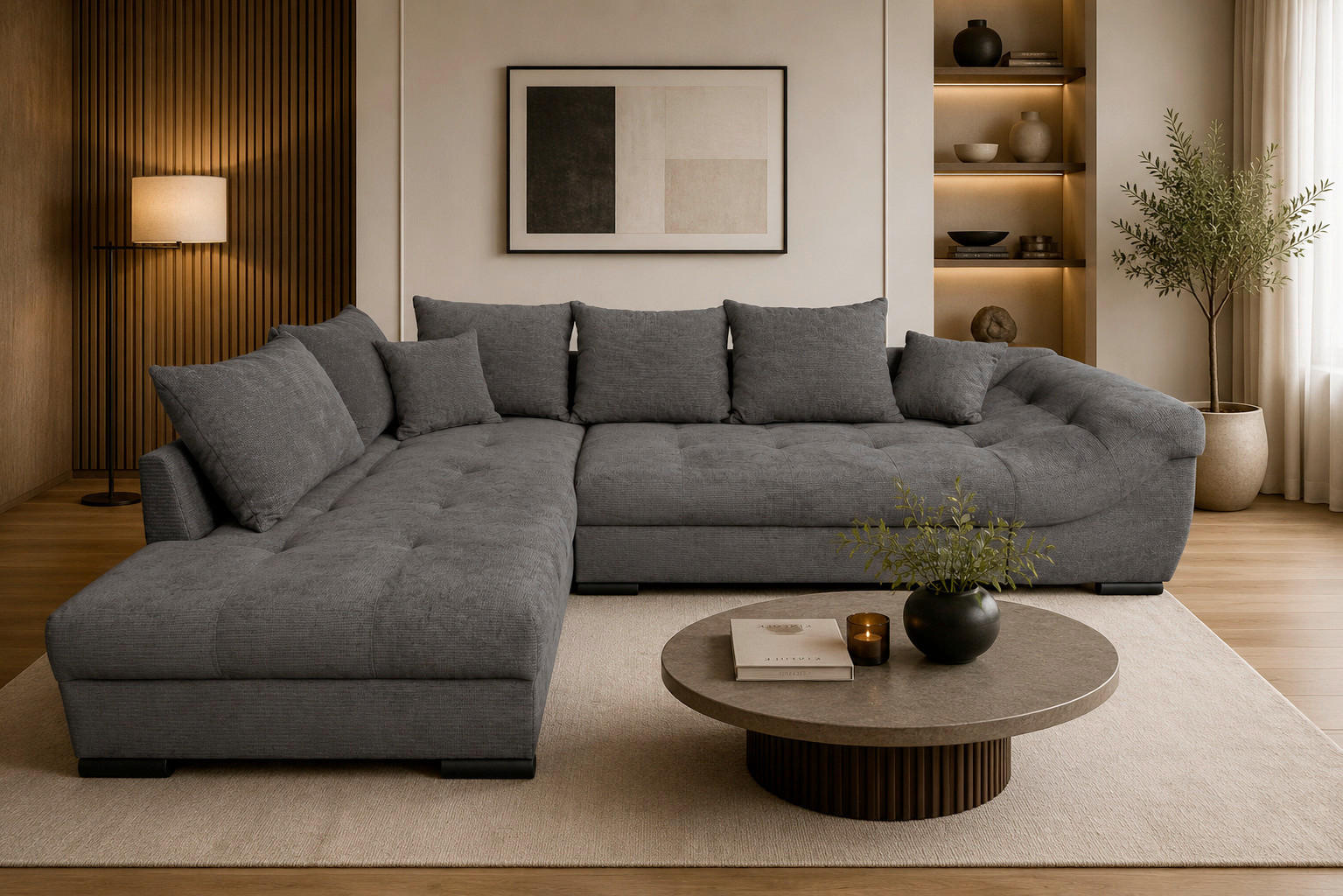 ECKSOFA ATLANTA Dunkelgrau Struktur Liegefläche im Originalstoff  - Dunkelgrau/Schwarz, Design, Textil/Metall (202/298cm) - MID.YOU