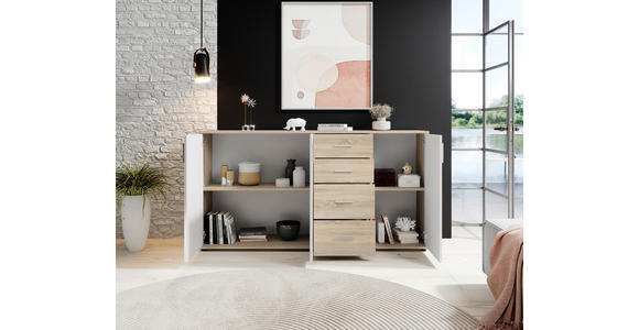 KOMMODE 160/84/35 cm in Weiß, Sonoma Eiche - Silberfarben/Schwarz, KONVENTIONELL, Holzwerkstoff/Kunststoff (160/84/35cm) - Carryhome