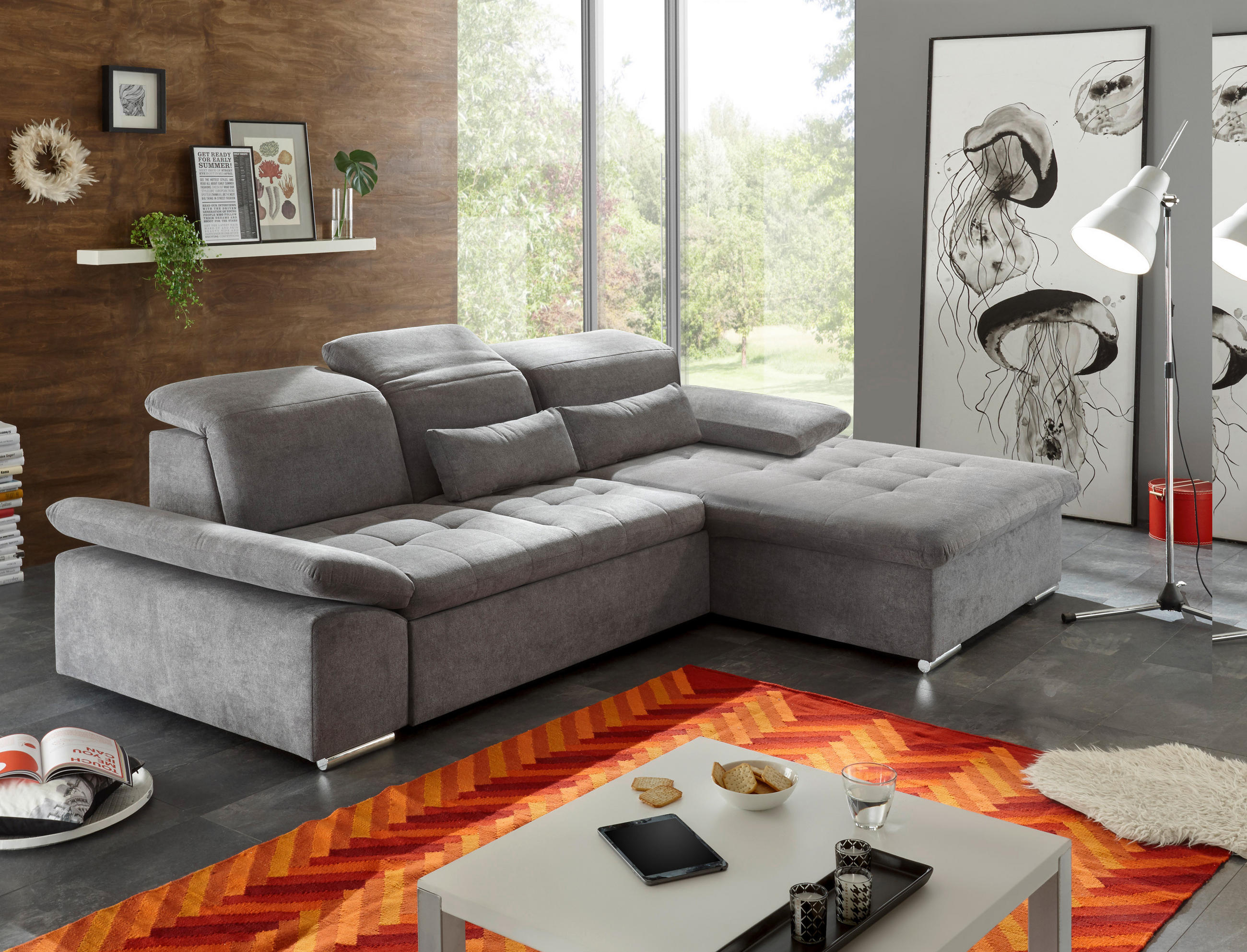 ECKSOFA Grau Mikrovelours  - Silberfarben/Grau, KONVENTIONELL, Kunststoff/Textil (276/188cm) - MID.YOU