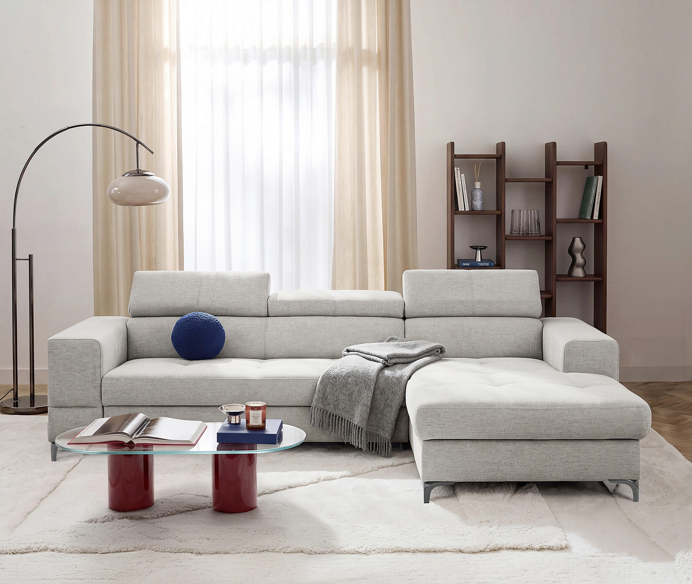 ECKSOFA TORINO Hellgrau Chenille Bettkasten, Kopfteilverstellung  - Schwarzchrom/Hellgrau, Design, Textil/Metall (247/173cm) - Livetastic