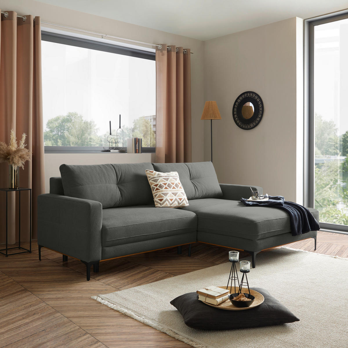 ECKSOFA Dunkelgrau  - Dunkelgrau/Schwarz, MODERN, Textil/Metall (238/162cm) - Ondega