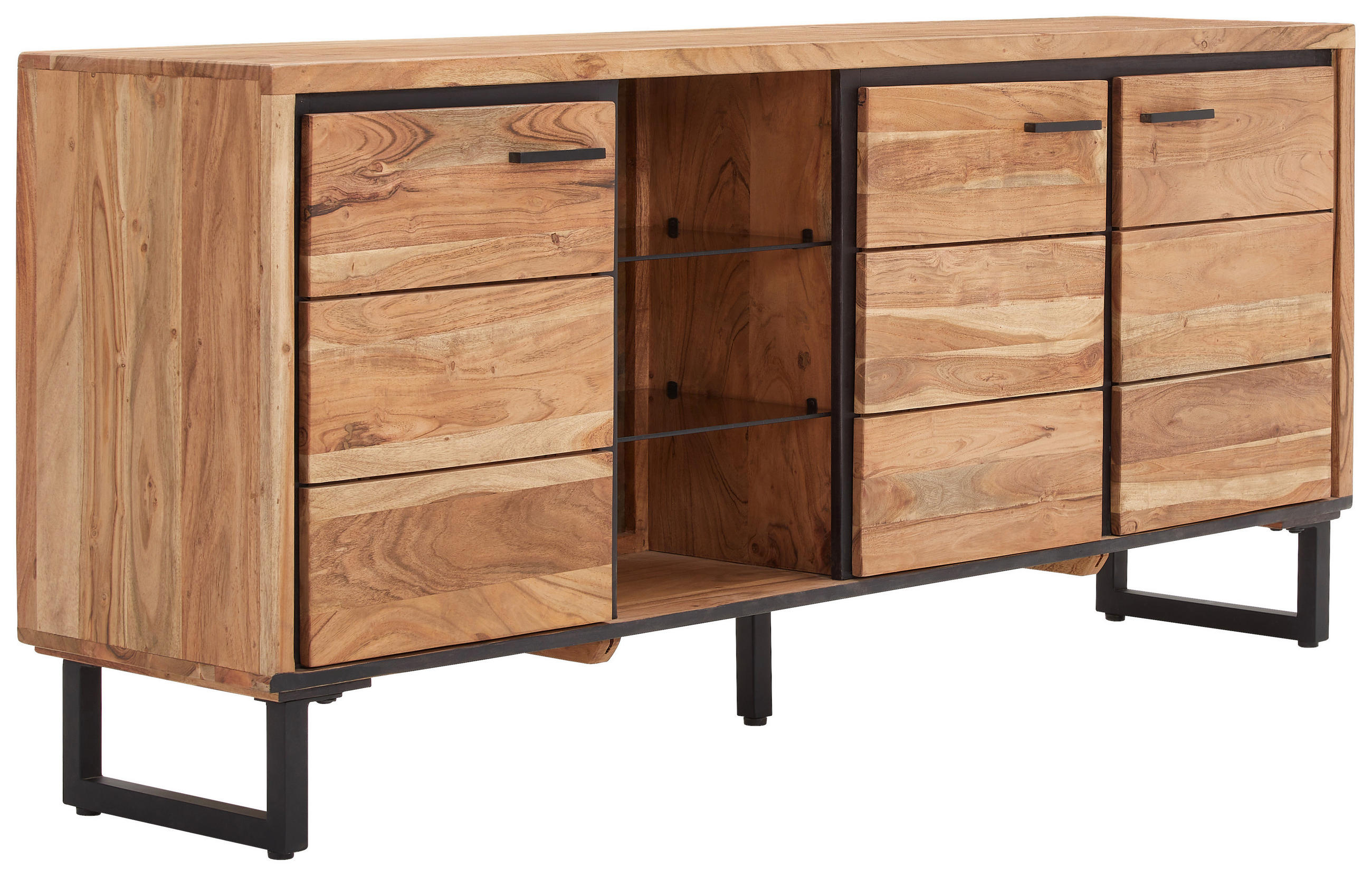 SIDEBOARD 175/77/40 cm  - svart/akaciefärgad, Modern, metall/trä (175/77/40cm) - Carryhome